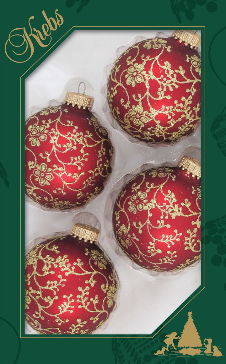 Christmas by Krebs Red Velvet Gold Floral Glitter lace 2.63 in Glass Christmas Tree Ornaments Set of 4 #KBX82335