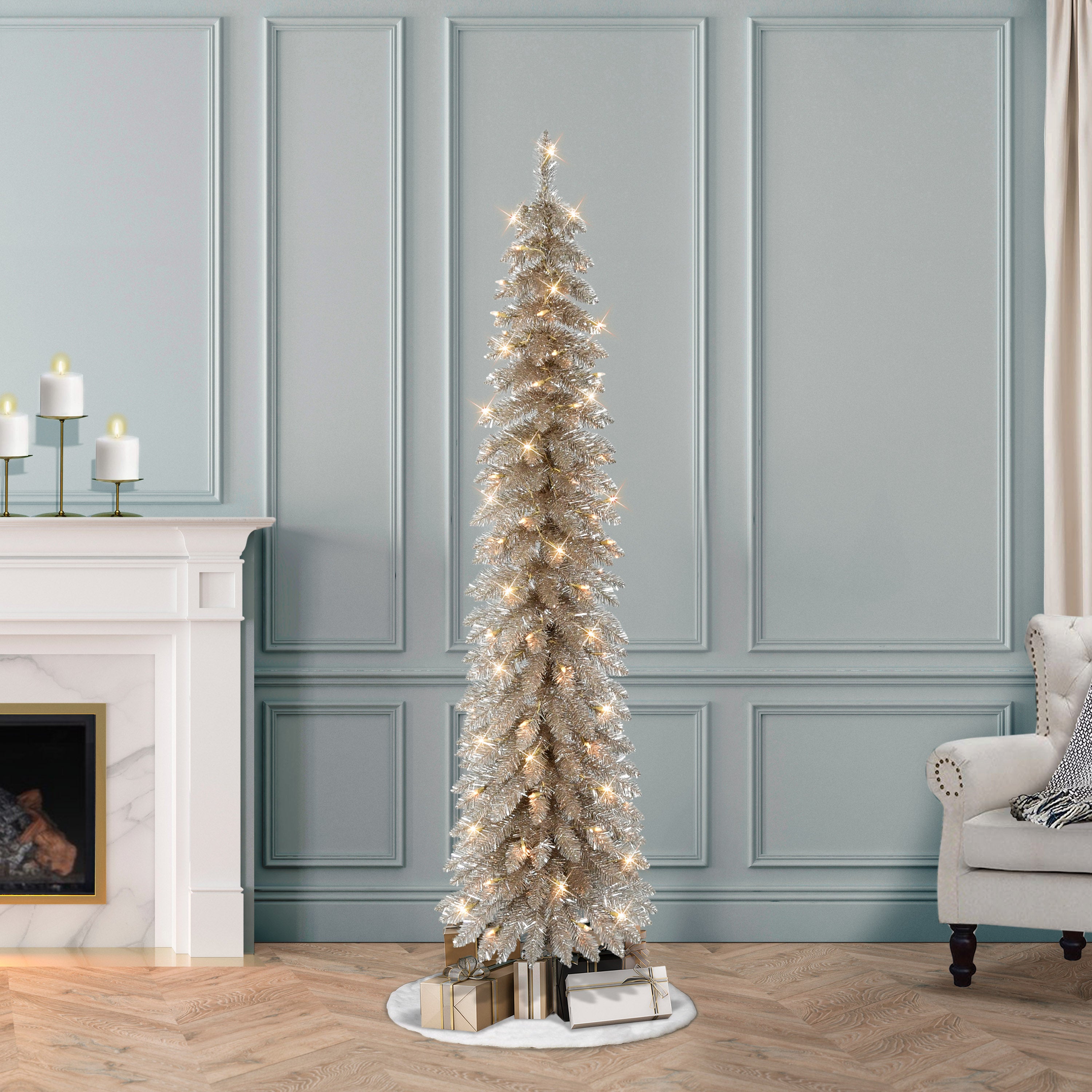 6' Pre-Lit Alpine Rose Gold Pencil Tree