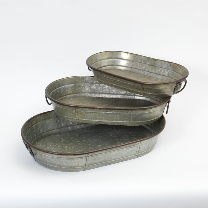 Set of 3 Decorative Oval Galvanized Metal Planter Trays 2342370HDEC