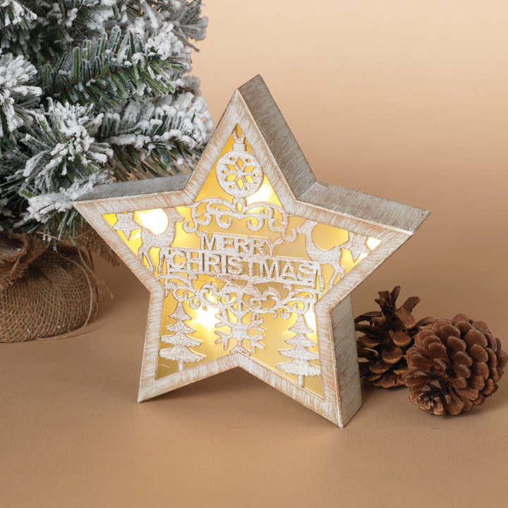 Artisanal 8 in H Battery Operated Lighted Laser Cut Wood Star with Holiday Scene 2604620EC