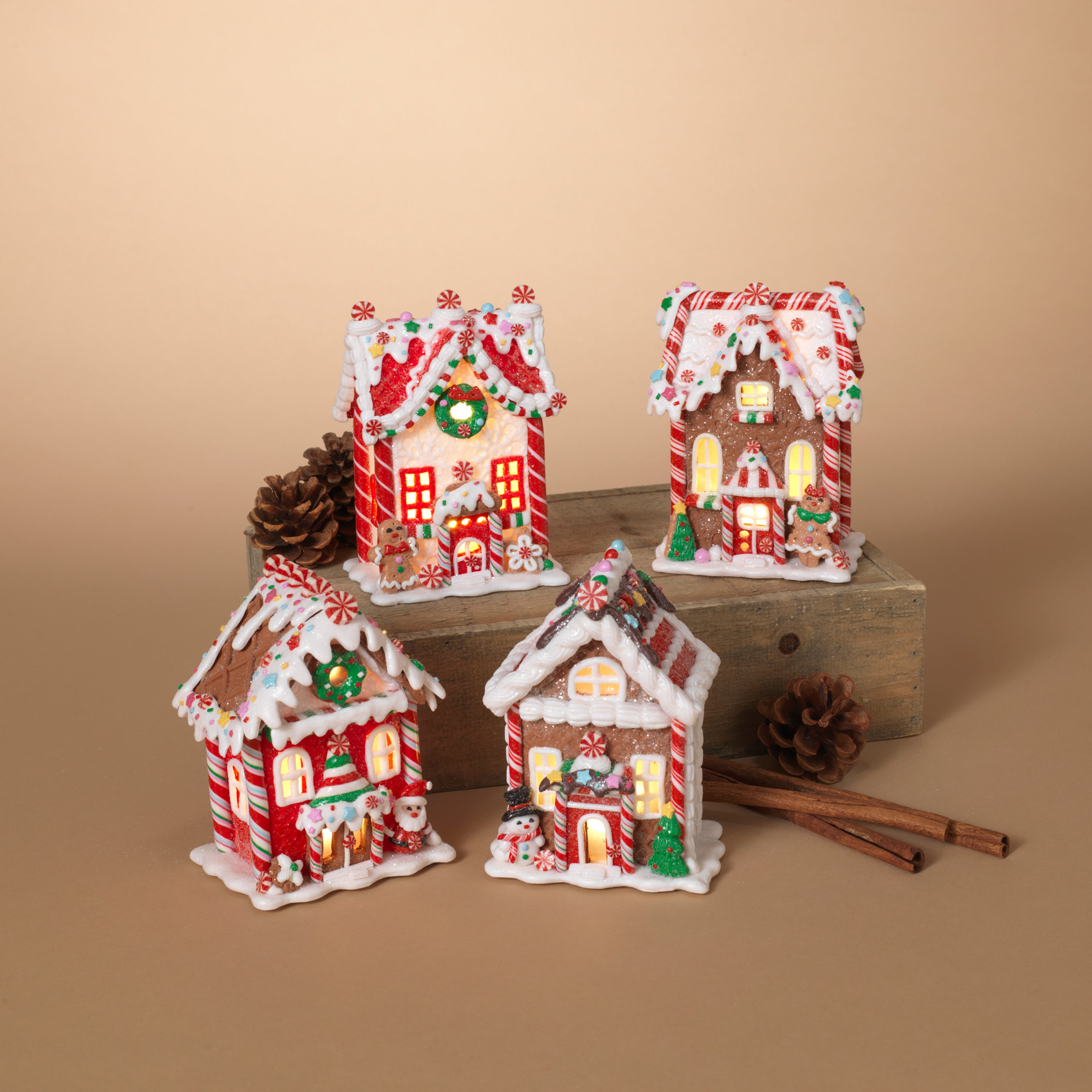 Set of 4 Battery Operated Lighted Clay Dough Holiday Gingerbread Houses at 5.5 Inches High #2599290EC