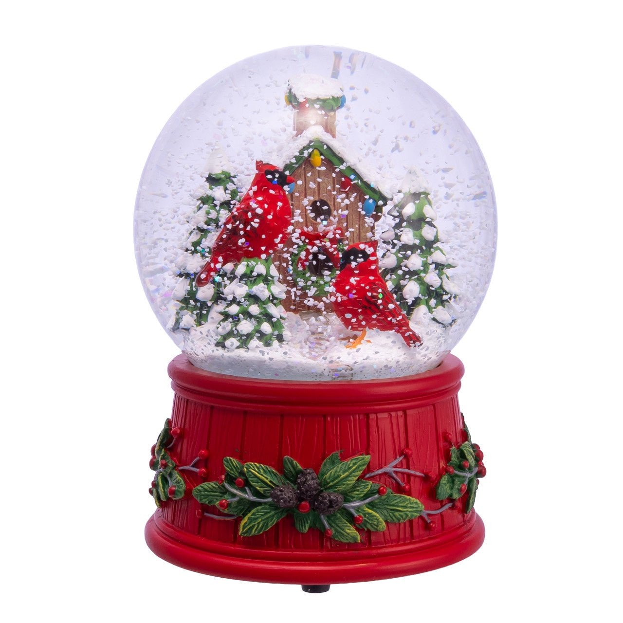 Kurt Adler 100MM Wind-Up Musical Cardinals With Tree Water Globe #J3286