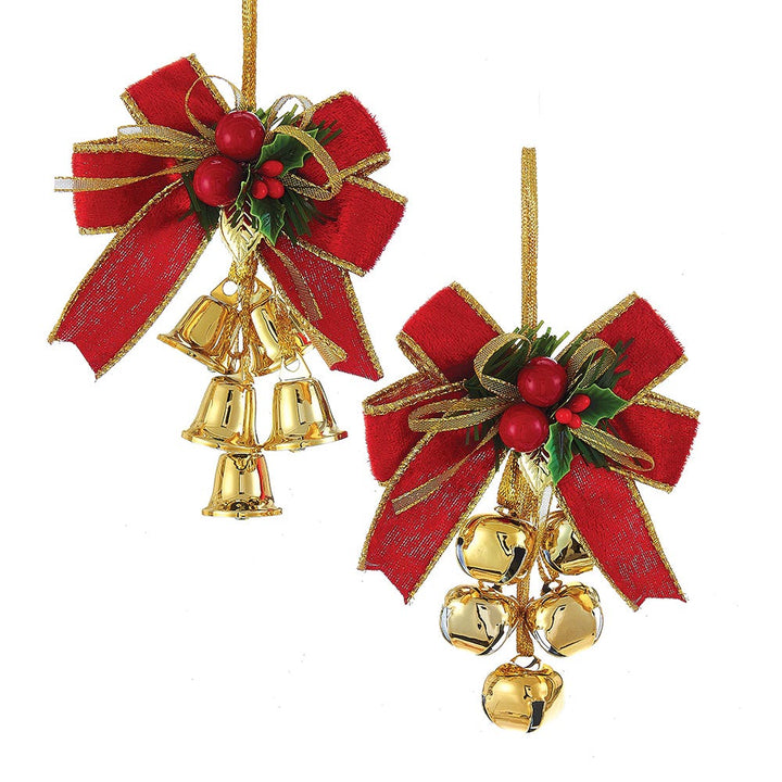 Red/Green/Gold Ribbon with Bow & Bells Mistletoe Ornament, 2 Assorted #J5041