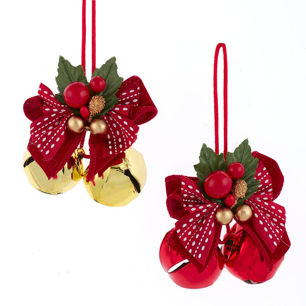 35mm Shiny Red and Gold Bell with Bow Ornament, 2 Assorted J5083