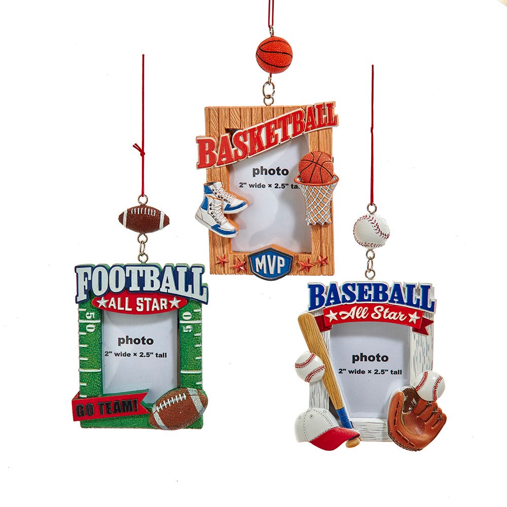5.25-5.5" Sports Photo Frame Ornament, 3 Assorted J9211