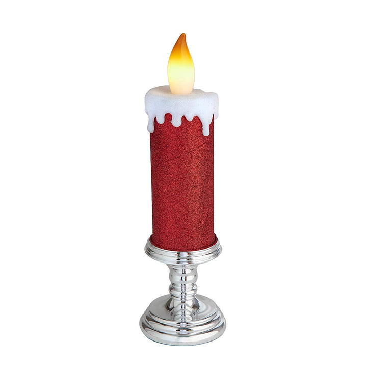 Kurt Adler 13.75-Inch Battery Operated Red Glittered Candle with Warm White LED Flicker Flame