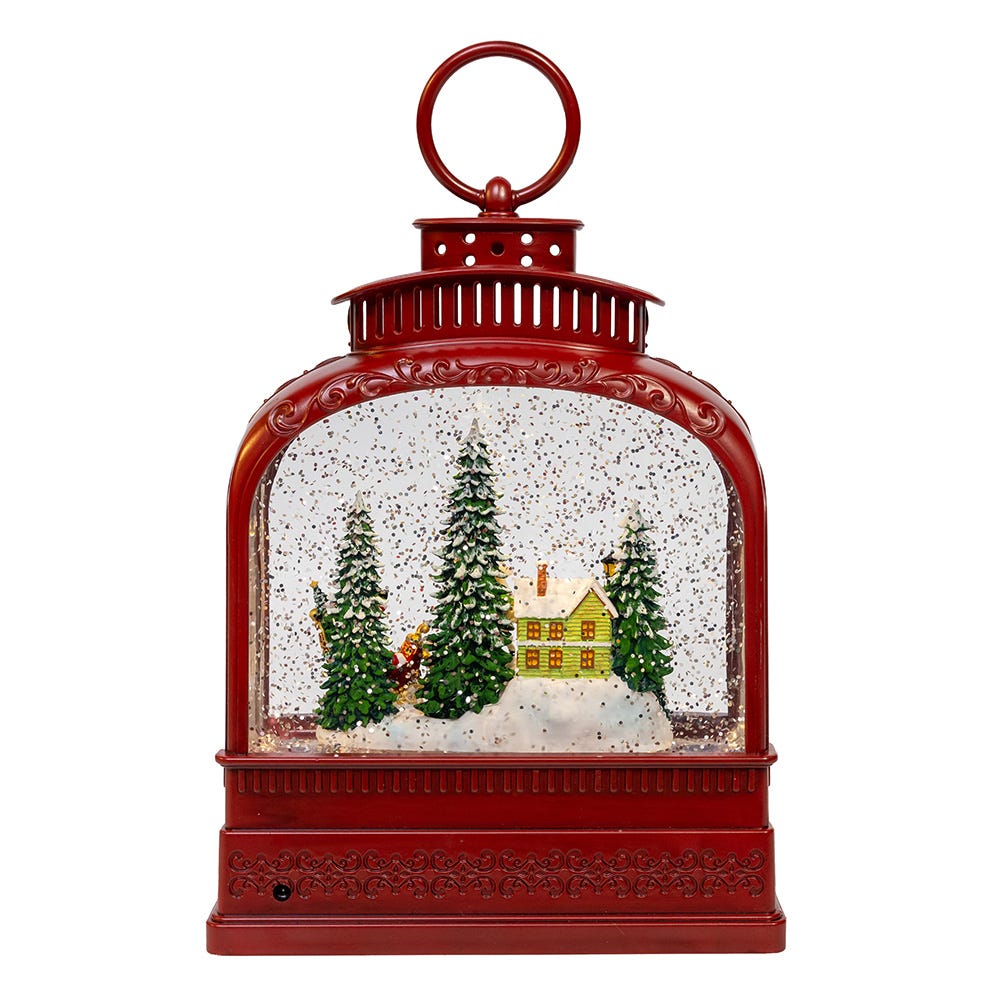 Kurt Adler 6.5-Inch Battery Operated USB LED Lighted Santa on Sleigh Lantern with Spinning Glitter Water