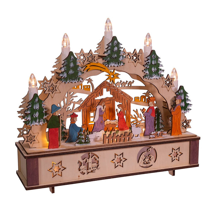 Kurt Adler 11-Inch Battery-Operated Light-Up Wooden Nativity Scene with Candles