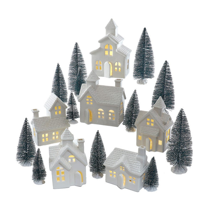 Kurt Adler 3 - 7.7-Inch Lighted Porcelain House 24-Piece Set