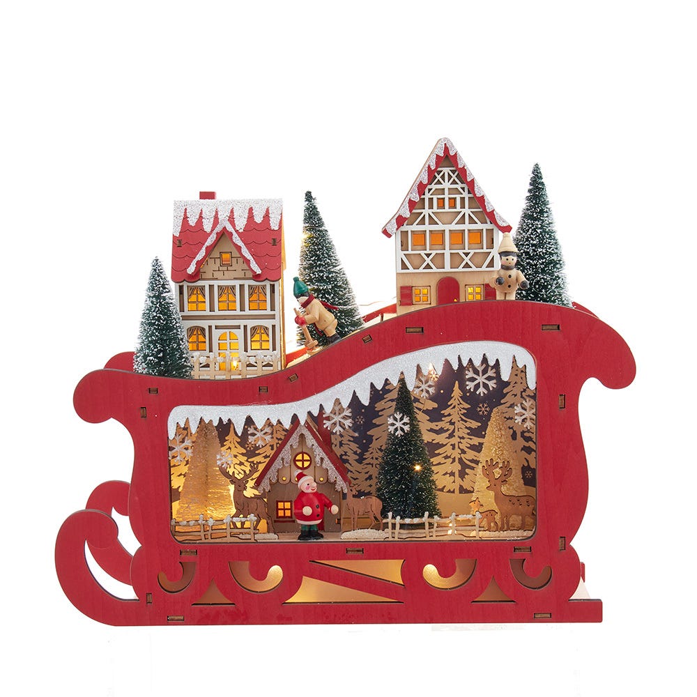 Kurt Adler 13.77-Inch Battery Operated LED Lighted Sleigh With Village Scene Table Piece JEL1054