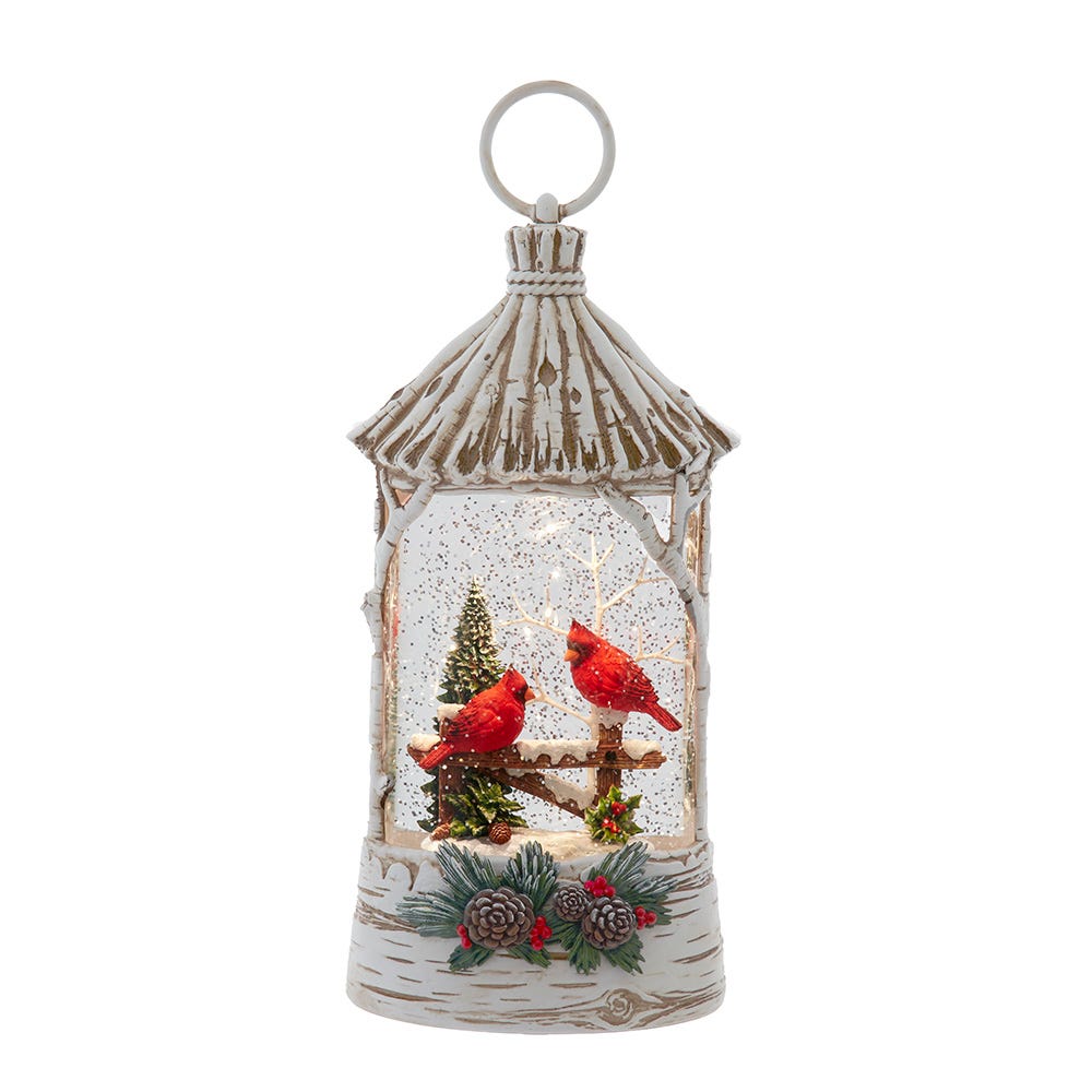 Kurt Adler 10.875-Inch Battery Operated USB LED Lighted Lantern with Cardinals and Spinning Glitter Water JEL1065