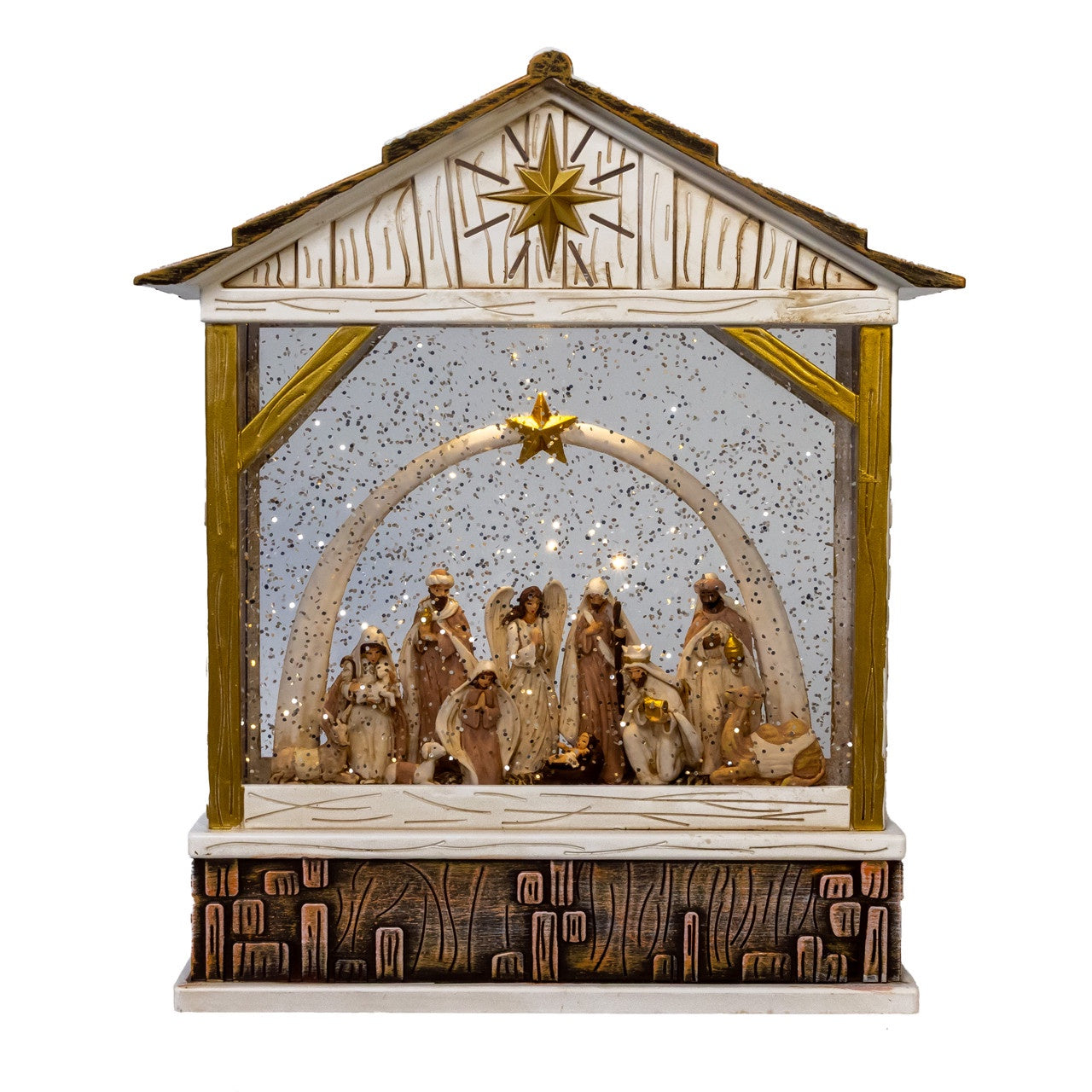 Kurt Adler 10" Battery Operated USB LED Courtyard Nativity Scene With Spinning Glitter Water Lantern #JEL1098