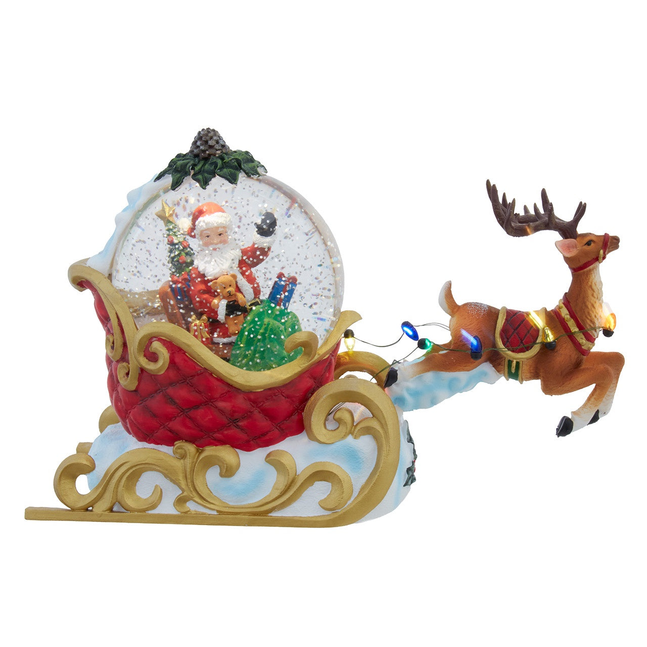 Kurt Adler 7" Battery Operated Musical Lighted USB Santa On Sleigh With Moving Deer Table Piece #JEL2415