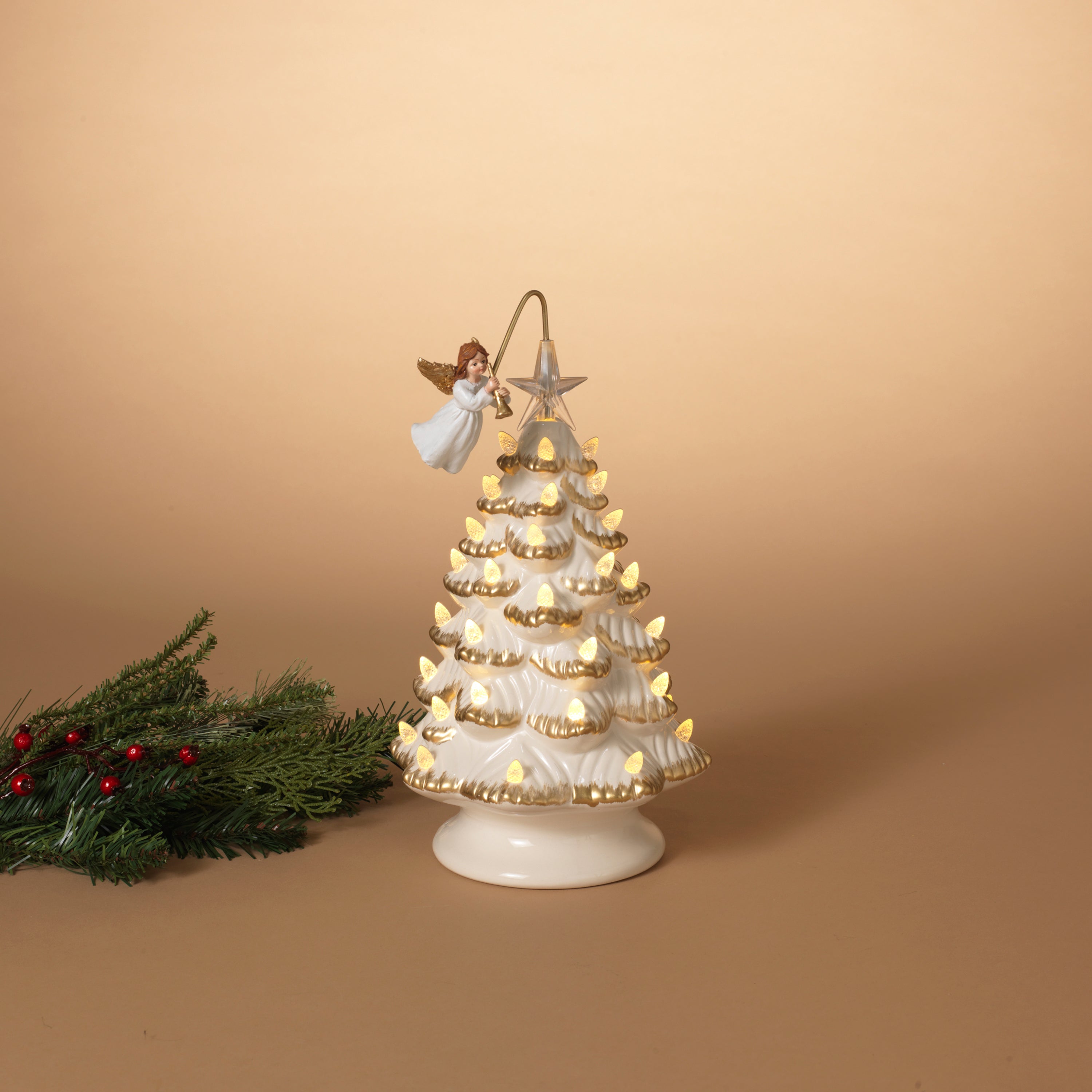 Illuminated 12 in H Electric Lighted Ceramic Holiday Christmas Tree with Rotating Angel 2657600EC