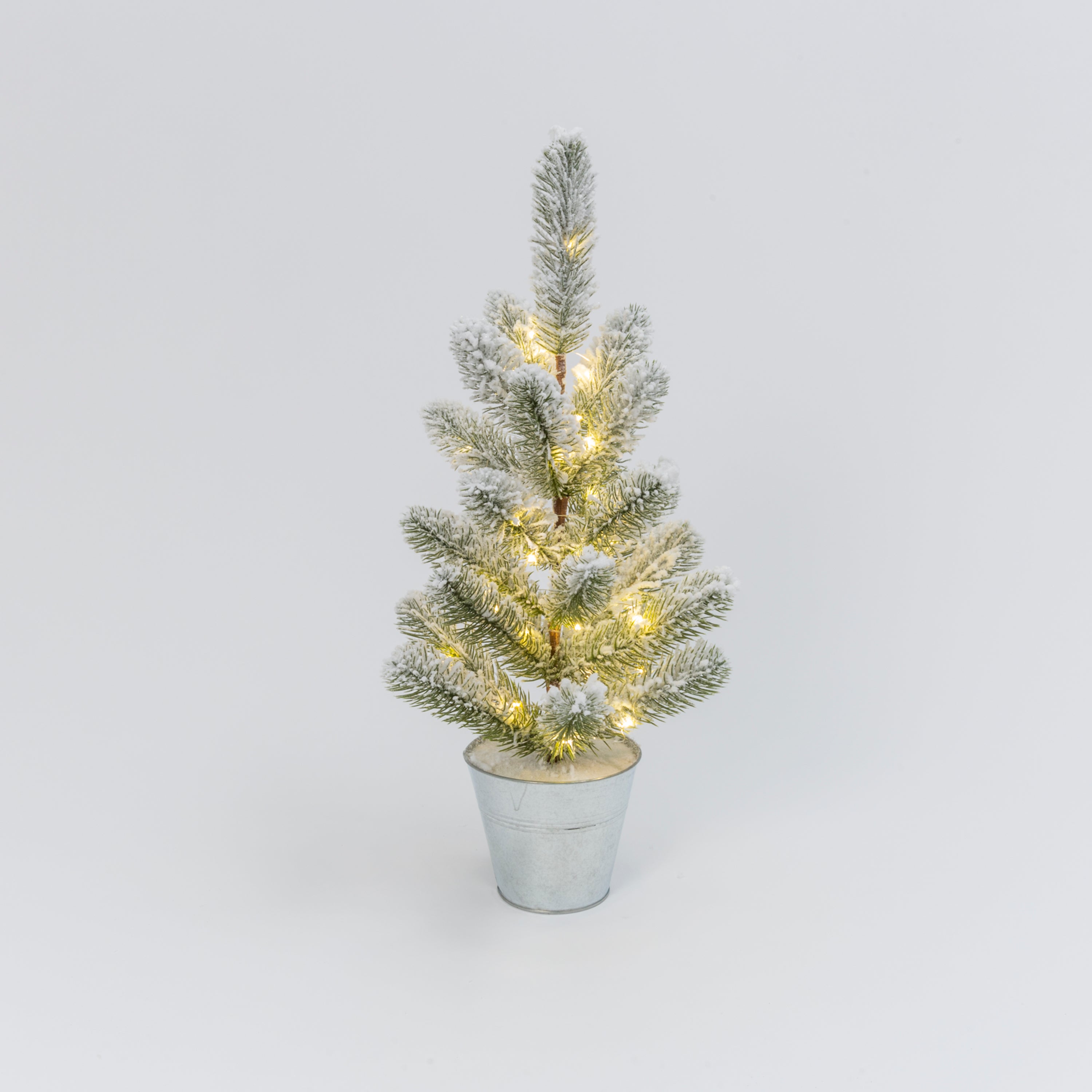 Illuminated 26 in H Battery Operated Lighted Flocked Pine Tree in Metal Bucket 2602710EC