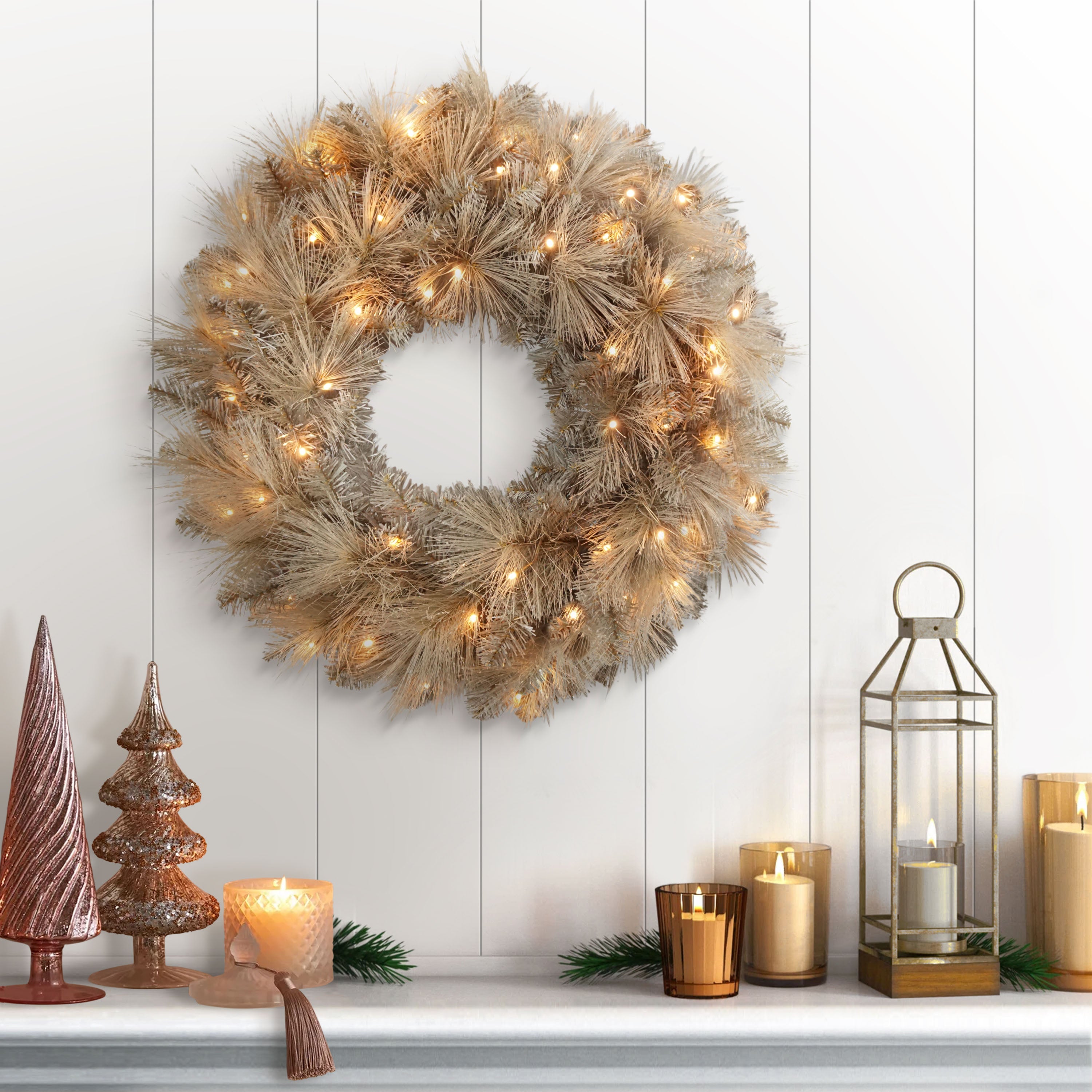 24" Battery-Operated Pre-Lit Tan Wreath