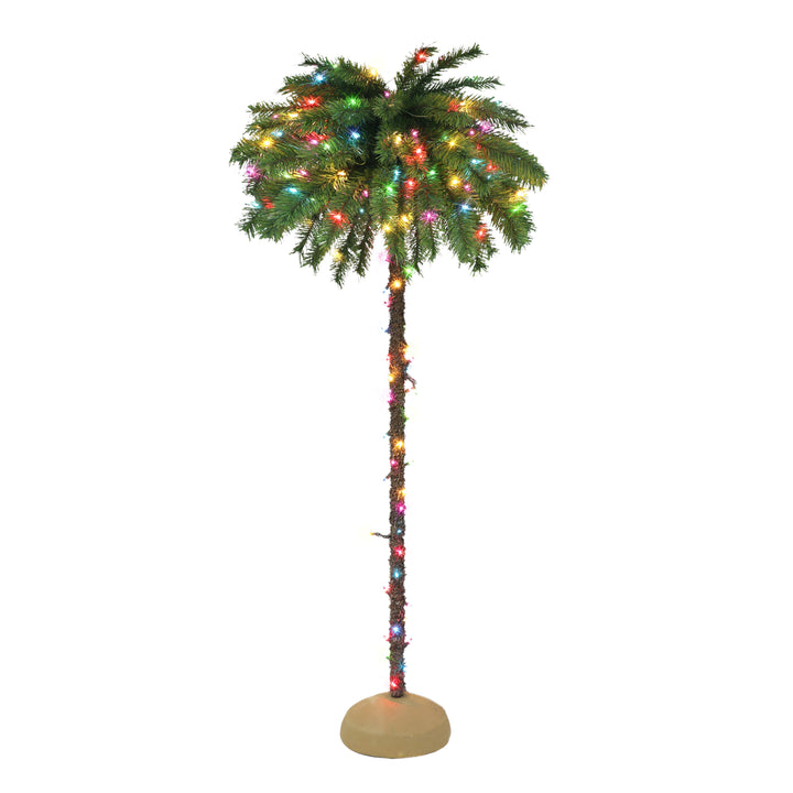 6 ft Outdoor/Indoor Pre-lit Artificial Palm Tree with 150 UL Multi color Lights Base Included Green DT8345A-60M150