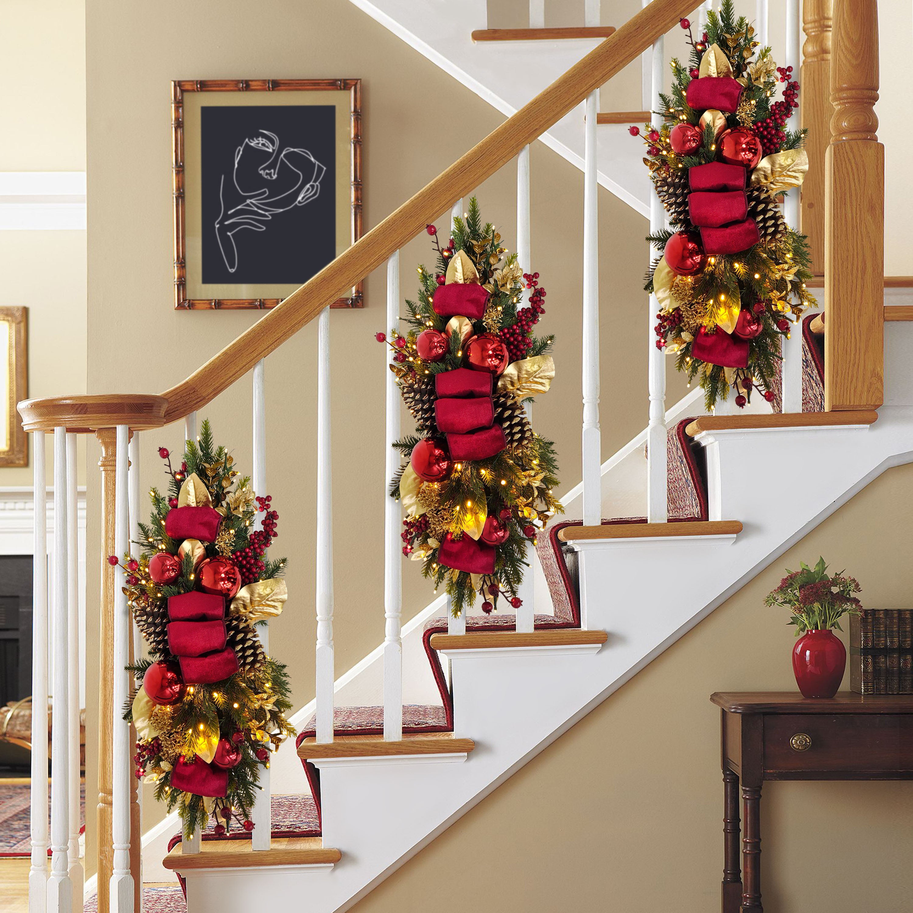 28" Pre-Lit Battery-Operated Adorned Banister Swag