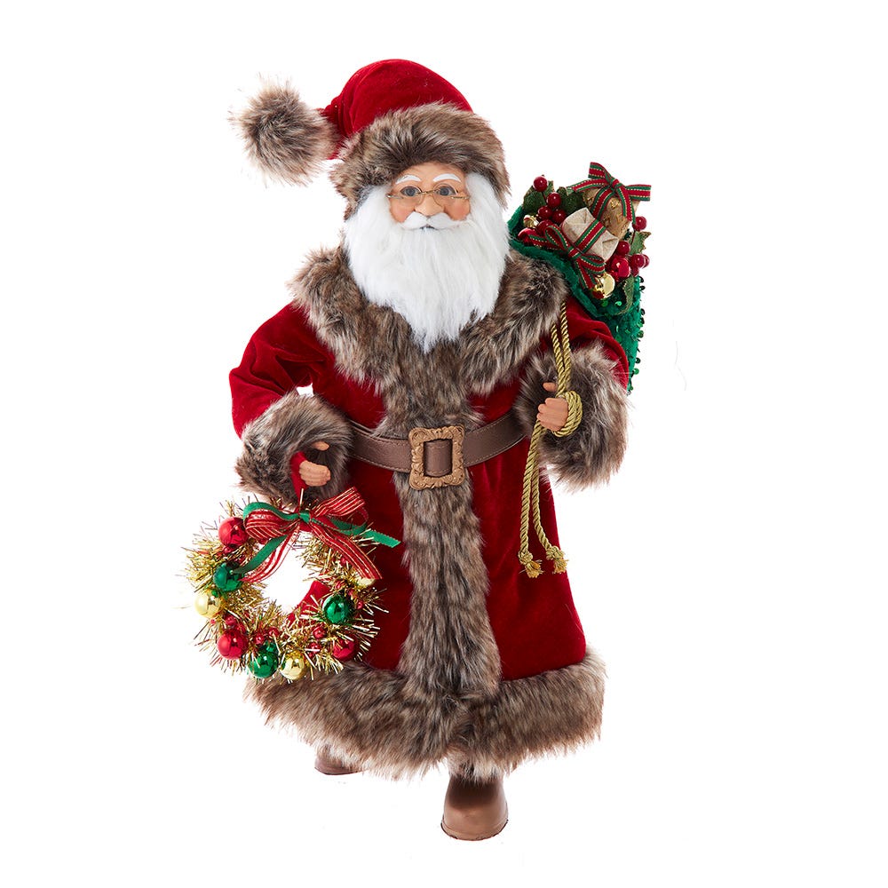 Kurt Adler 17-Inch Red Santa with Gray Fur + Wreath/Bag KK0145