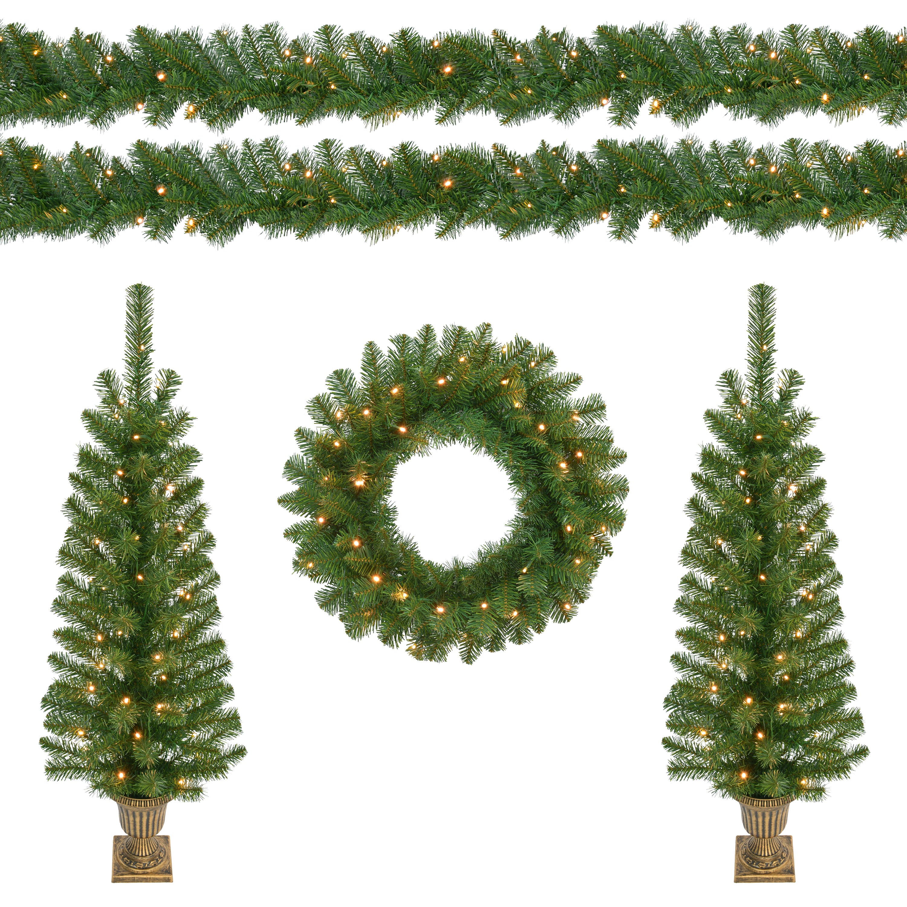 5-Piece Pre-Lit Artificial Christmas Décor Set Featuring 2 Trees, 1 Wreath, and 2 Garland 51058-STWG5LWA-BO