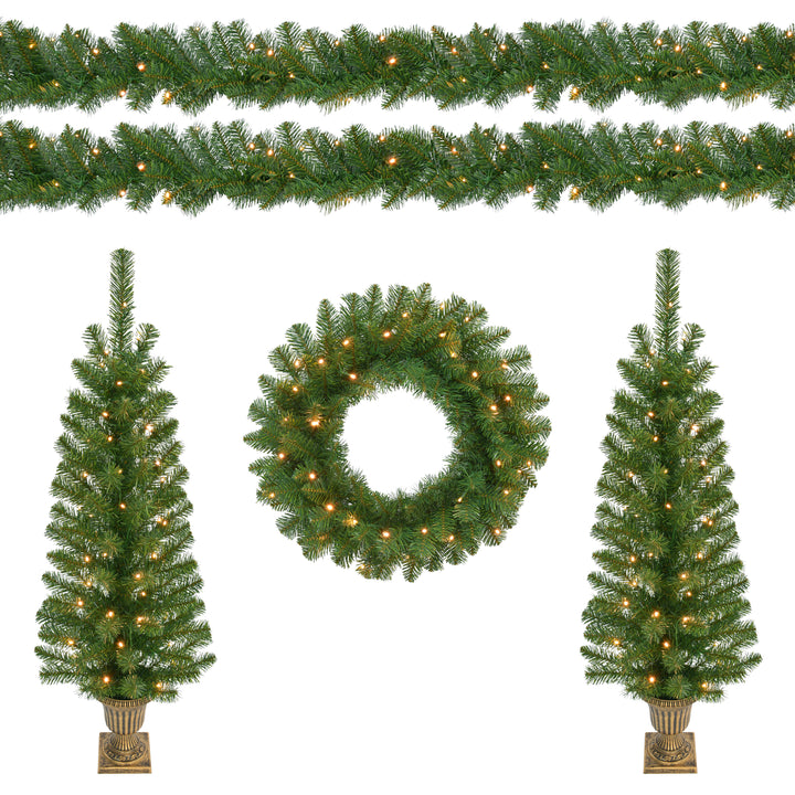 5-Piece Pre-Lit Artificial Christmas Décor Set Featuring 2 Trees, 1 Wreath, and 2 Garland 51058-STWG5LWA-BO