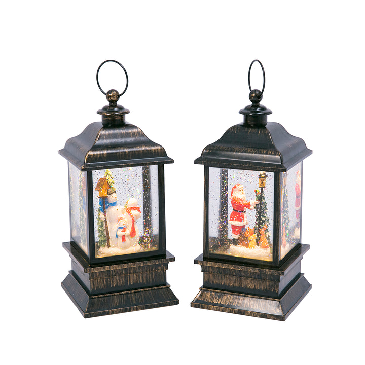 Set of 2 Battery Operated 9 in H lighted Black Lantern Framed Water Globes with Holiday Scenes #2496190EC