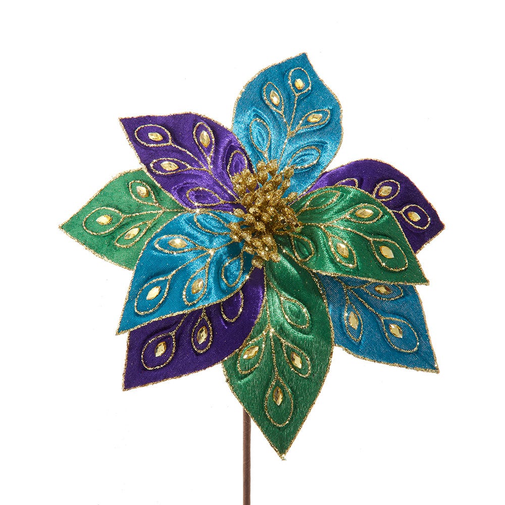14" Purple/Green/Teal Velvet Poinsettia Pick L0204