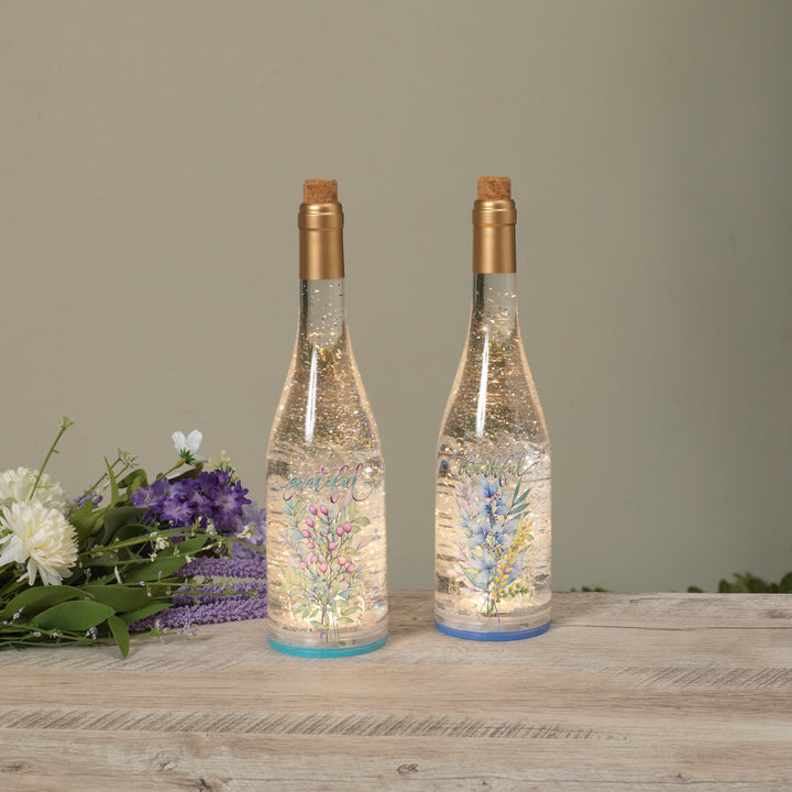 12.5 Inch Lighted Spinning Water Globe Bottles with Gathered Greens Design and Timer Set of 2