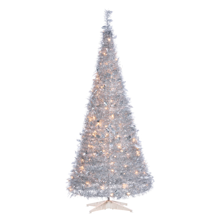 Sterling 6 ft. Pre Lit Warm White LED Pop Up Silver Tinsel Tree