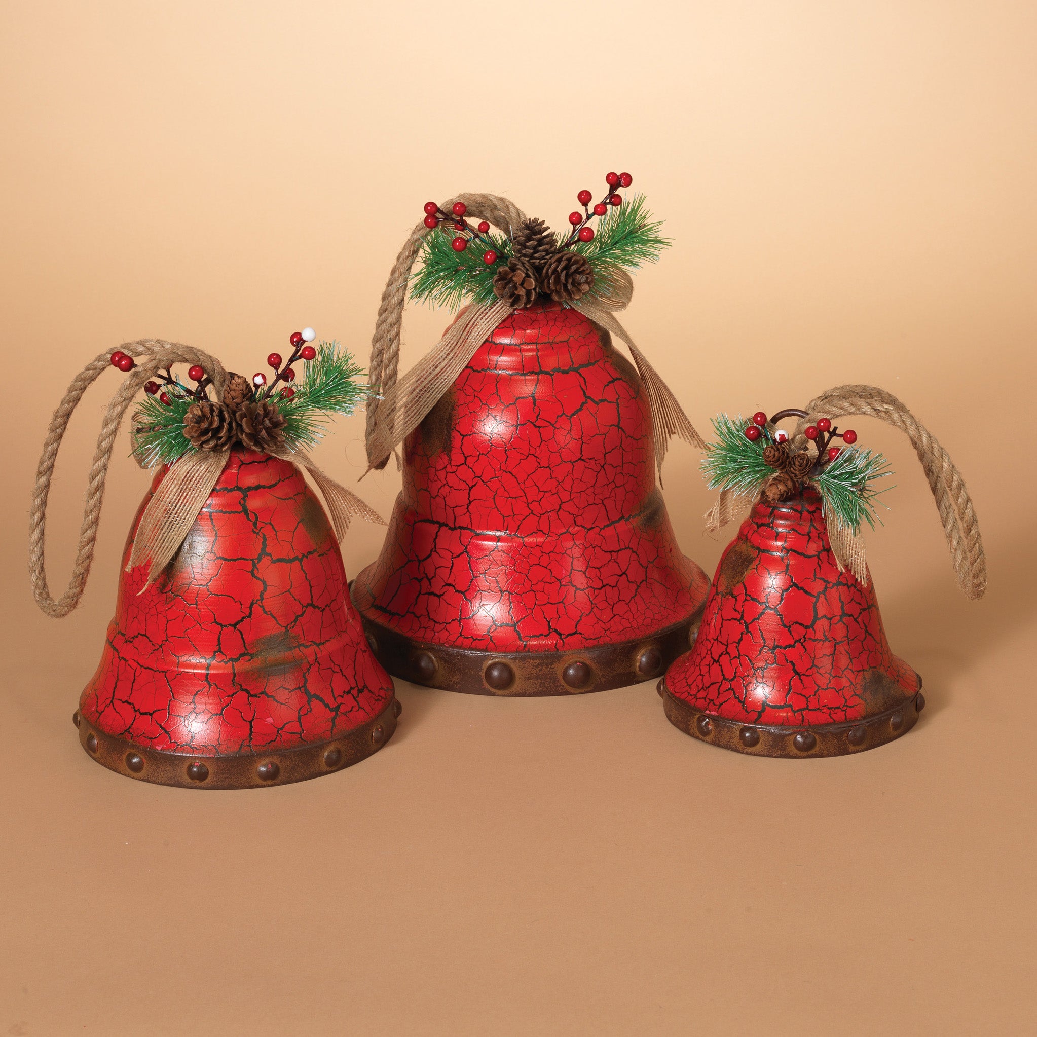 Hanging Red Metal Holiday Bells with Rope, Set of 3