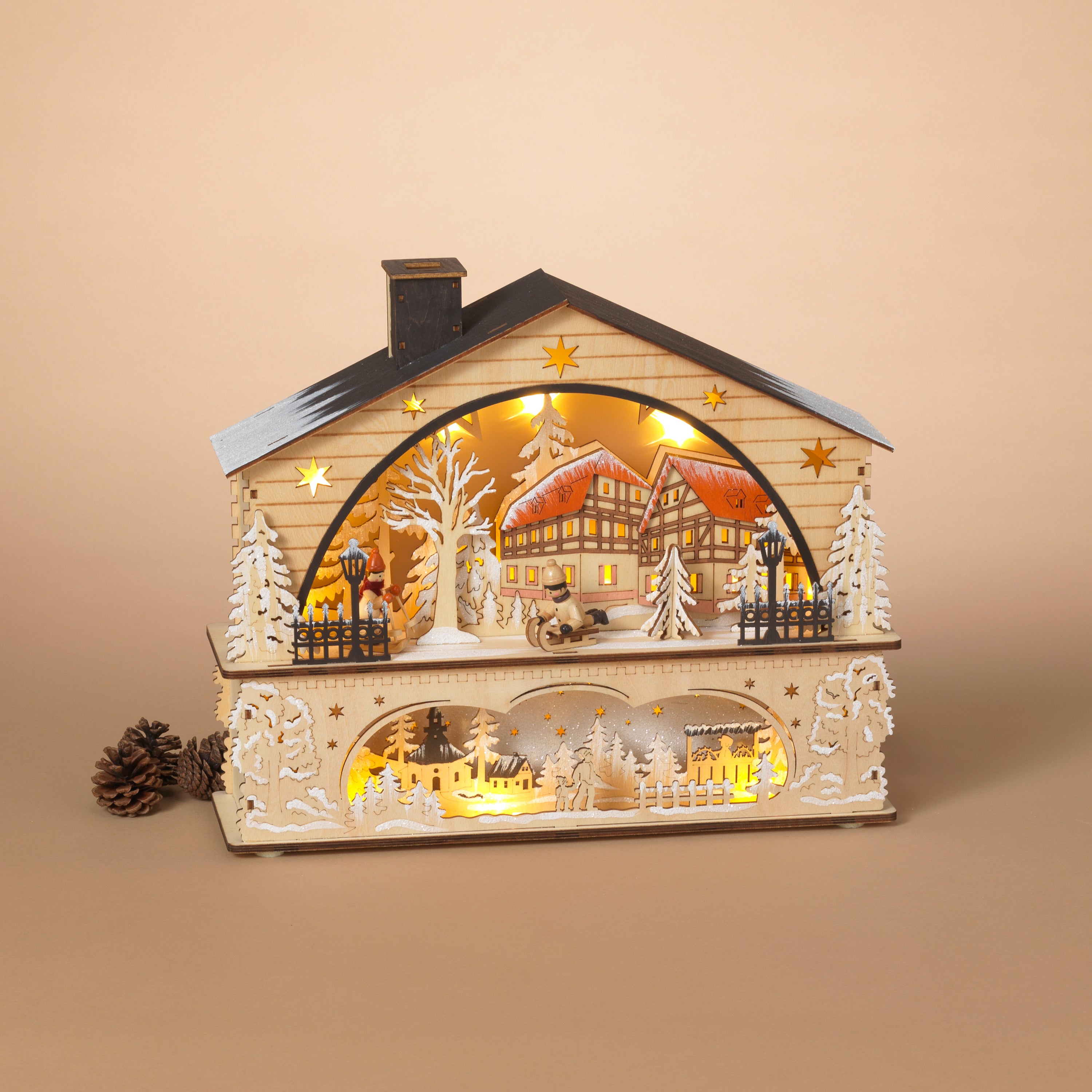 Whimsical 14.17 in L Battery Operated Lighted Laser Cut Wood Holiday Village 2735470EC