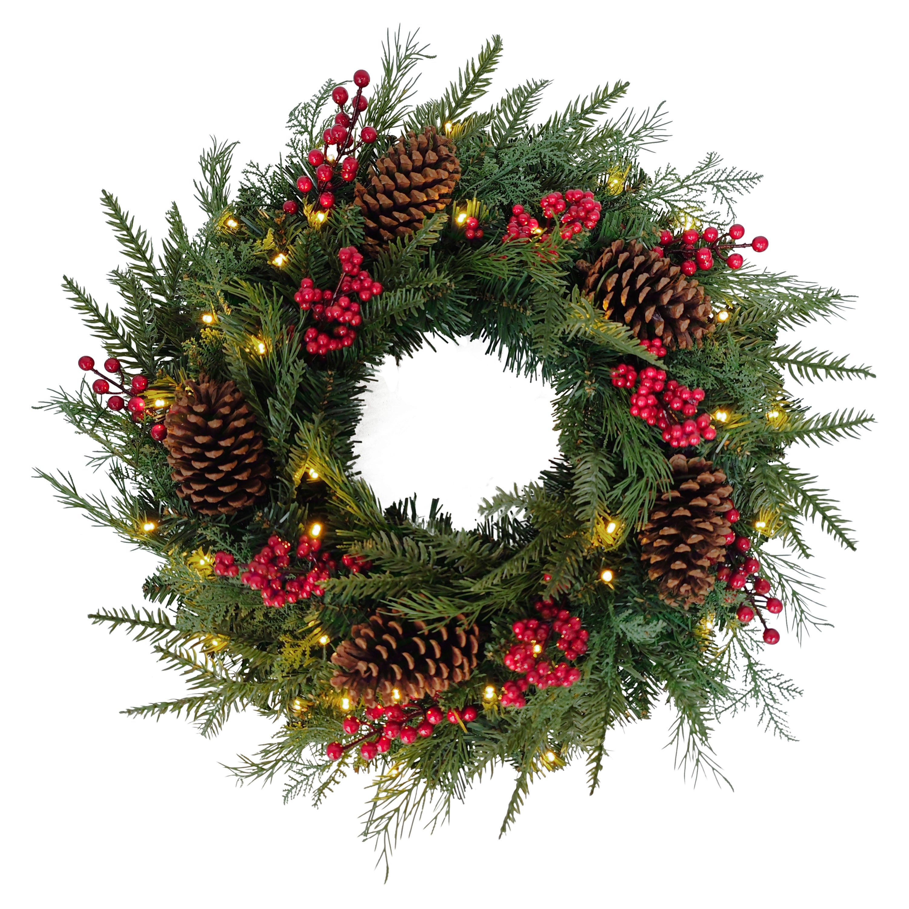 24" Pre-Lit Adorned Wreath Battery-Operated Warm White LED Lights 51022-W24LW035A-BO