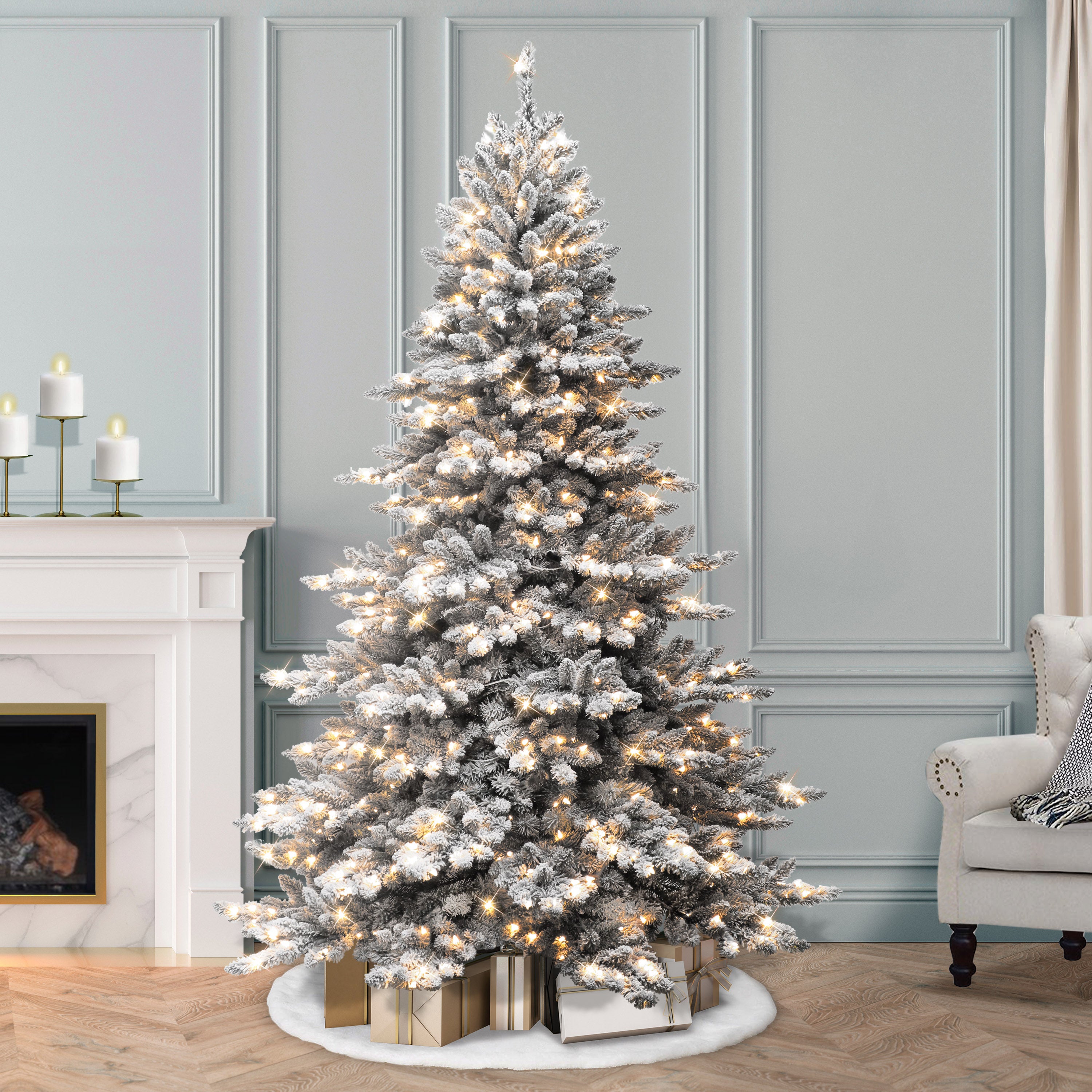 7.5ft Pre-Lit Flocked Princess Pine Christmas Tree