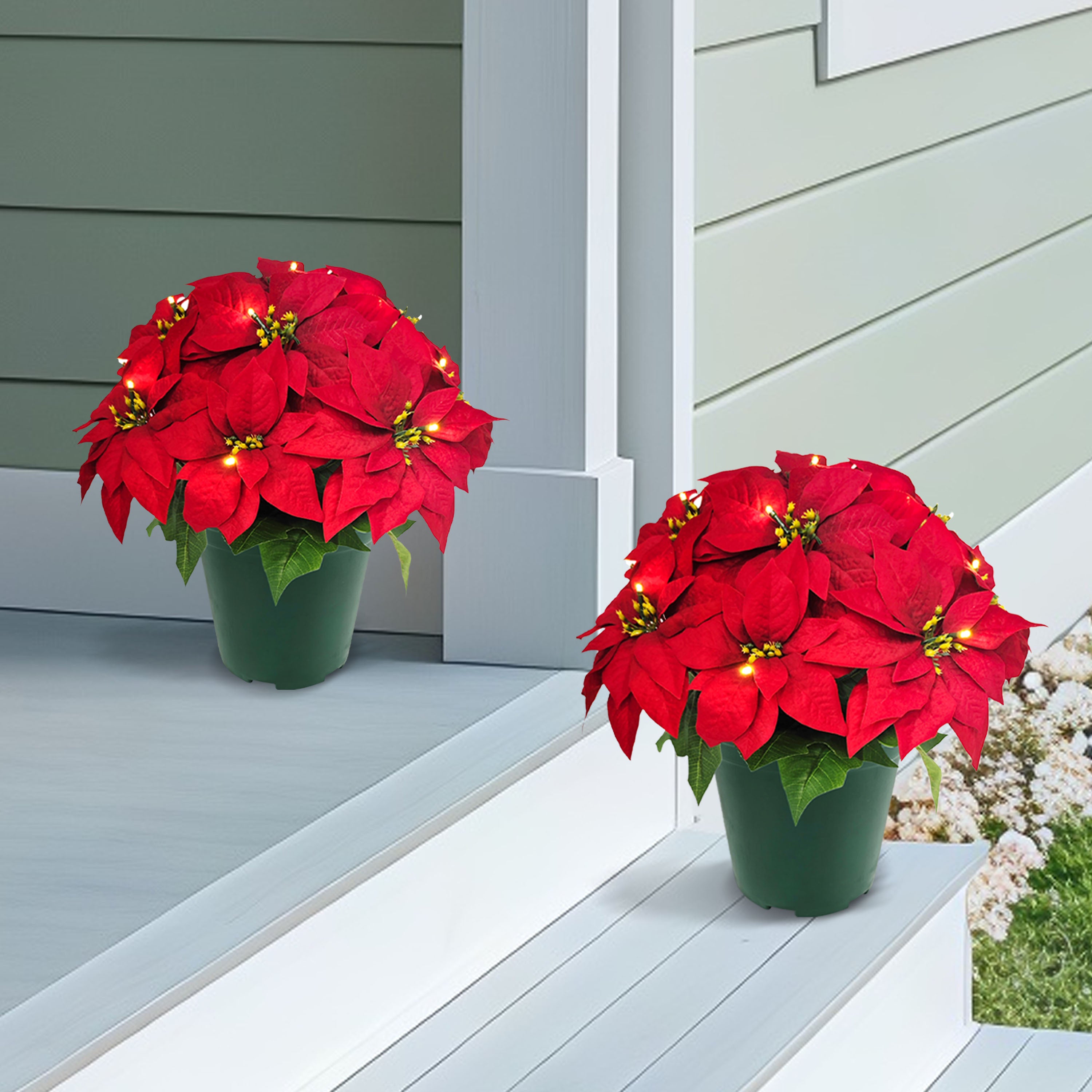 19" Pre-Lit Battery-Operated Potted Red Poinsettias