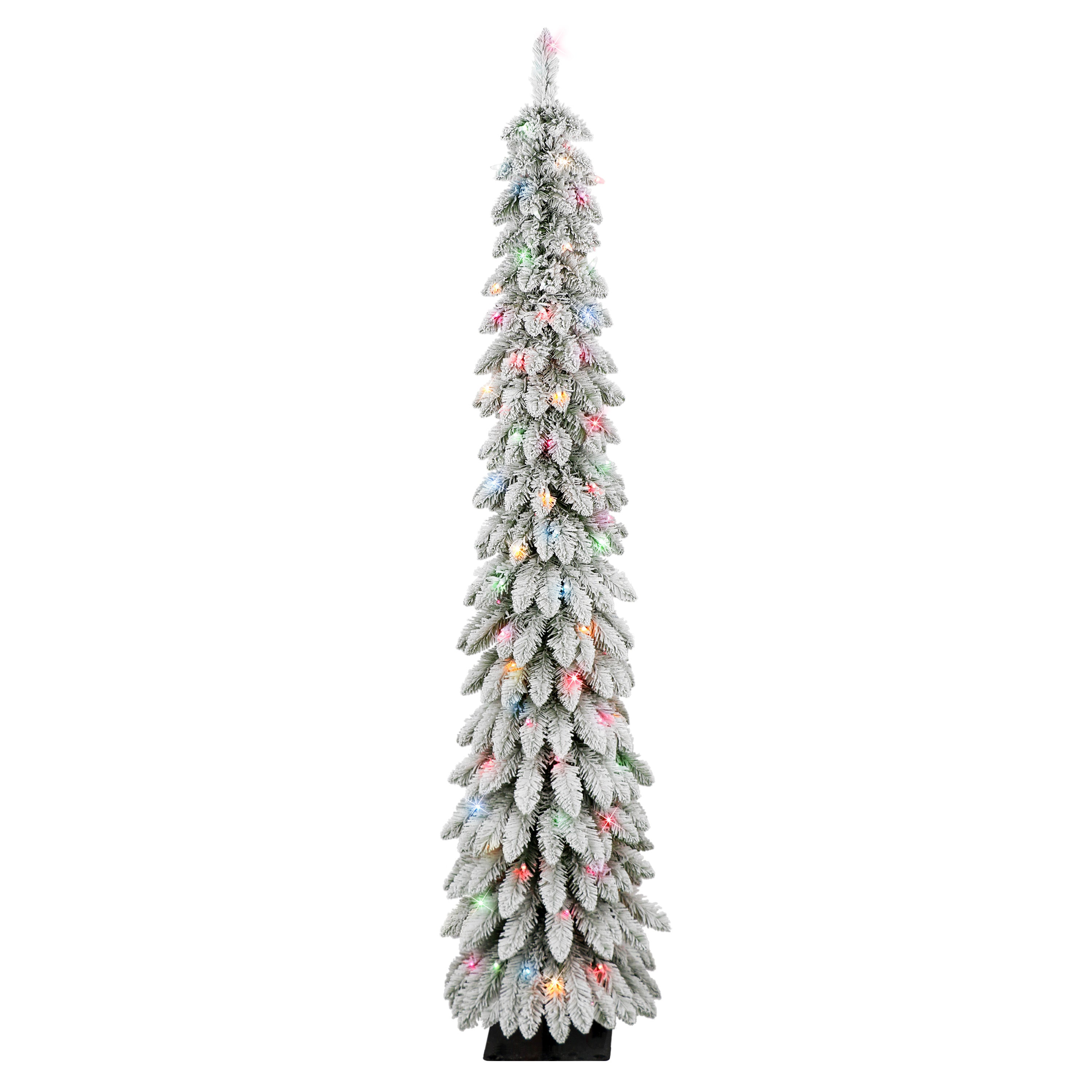 6 ft Pre-lit Flocked Alpine Pencil Tree 261 tips 100 UL Multi-color Incandescent Lights 01063A-TFP60M1