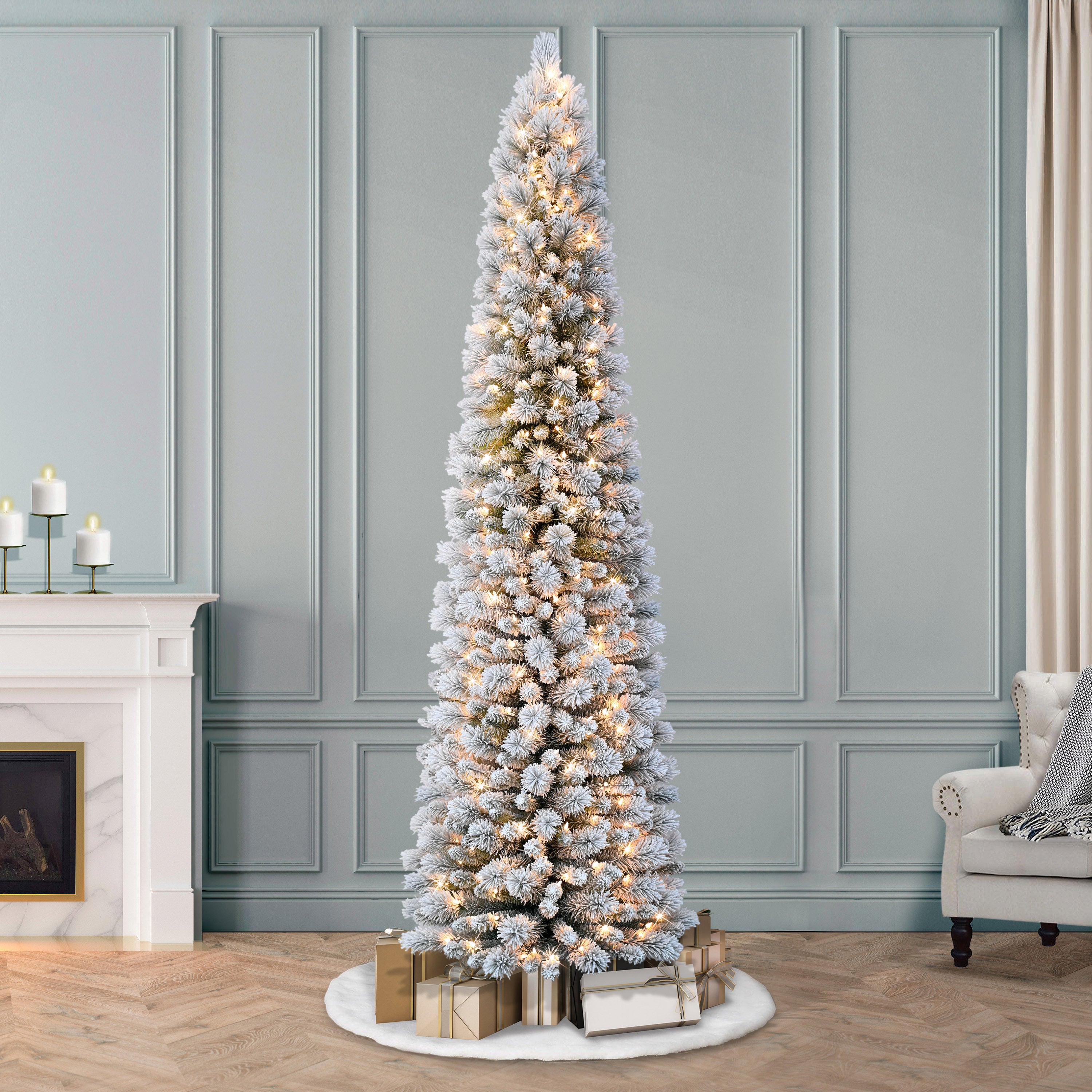 7.5ft Pre-Lit Flocked Portland Pine Pencil Christmas Tree