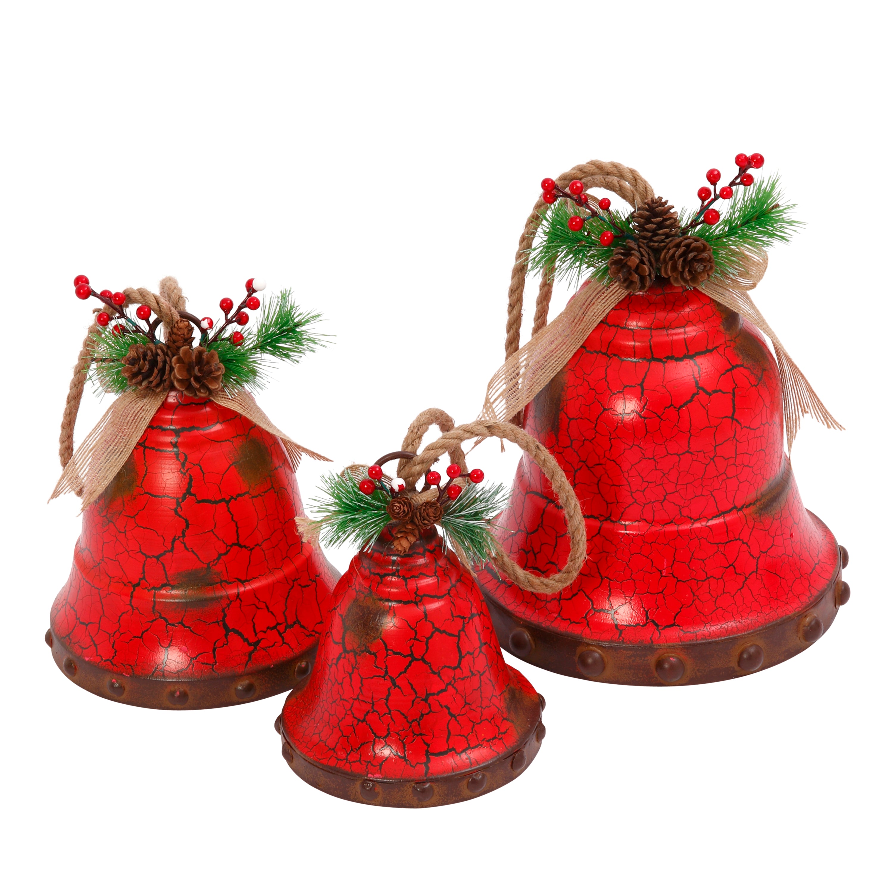Hanging Red Metal Holiday Bells with Rope, Set of 3 2350090EC