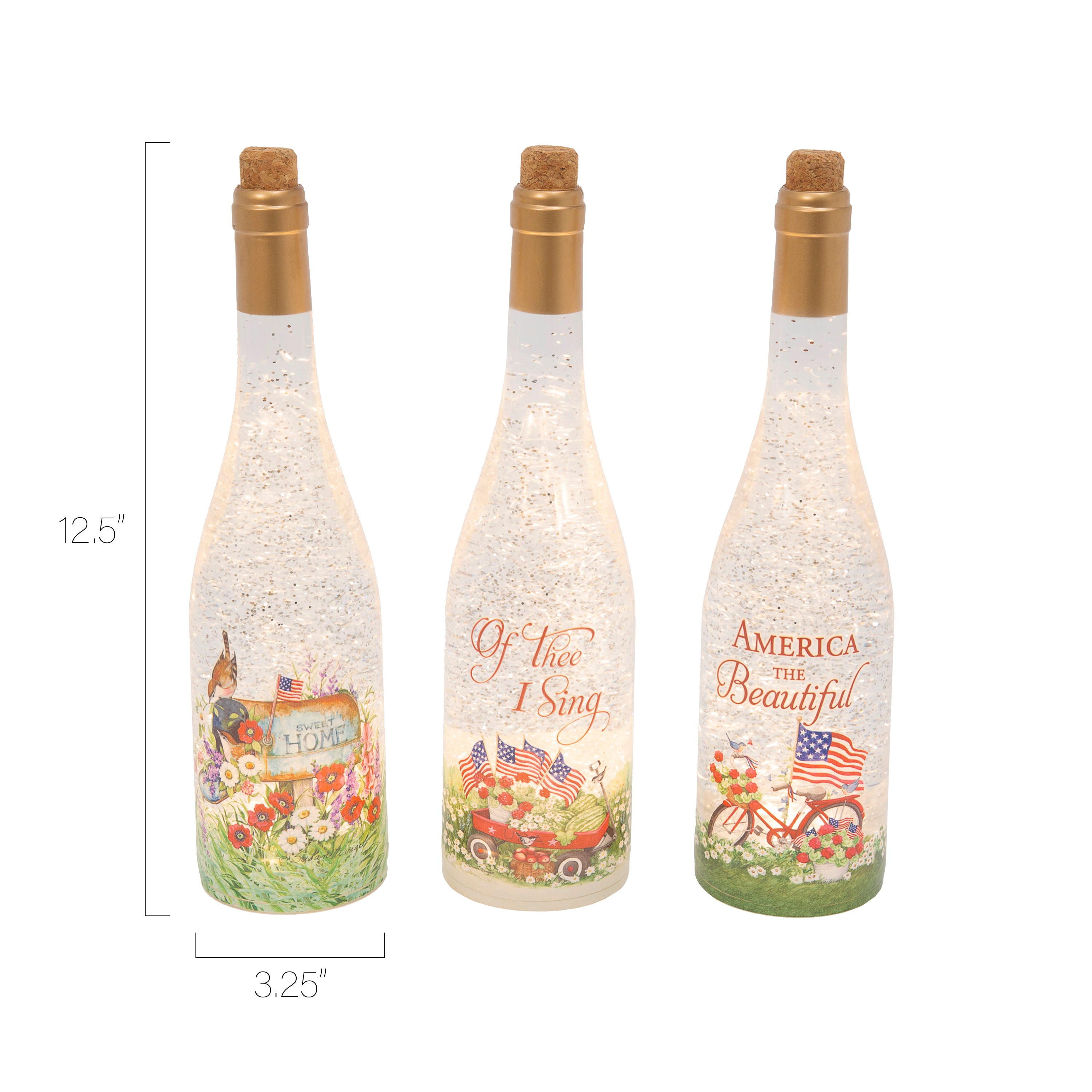12.5 Inch Lighted Spinning Water Globe Bottles with Americana Design and Timer Set of 3