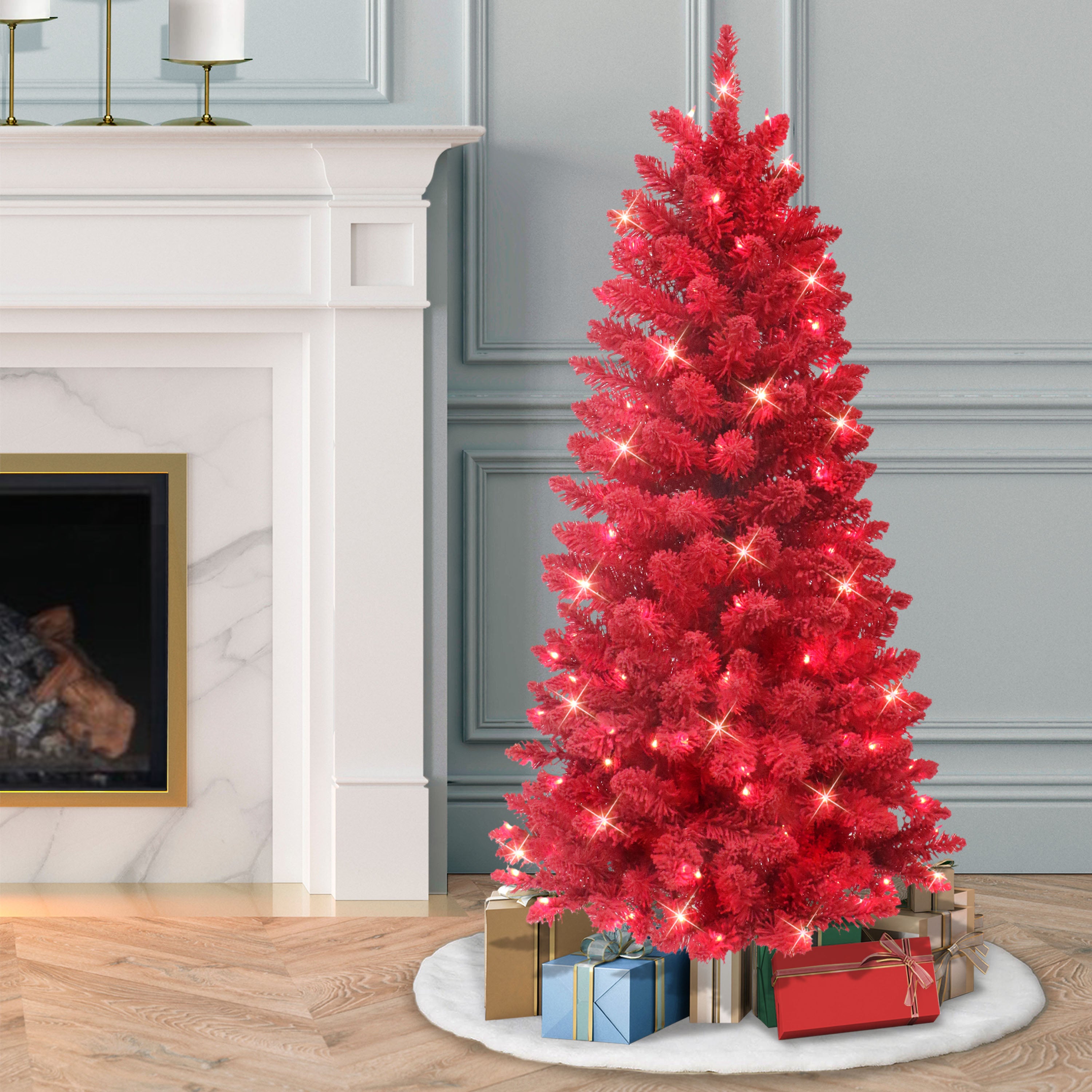 4.5' Pre-Lit Flocked Fashion Red Tree
