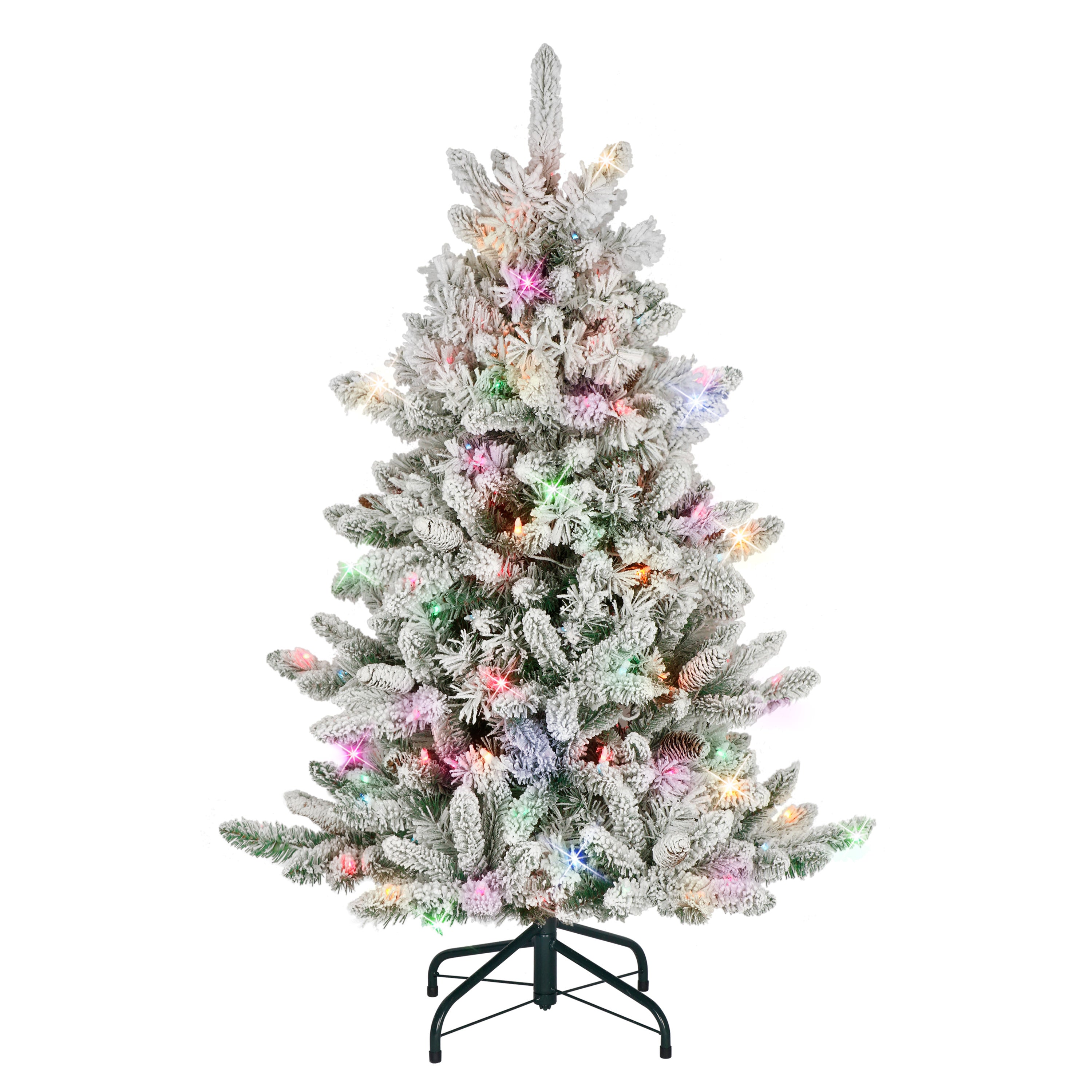 4.5 ft Pre-lit Flocked ‎Bennington Fir Artificial Christmas Tree with 150 UL Multi-color Lights Metal Stand Green BYGA-45M150