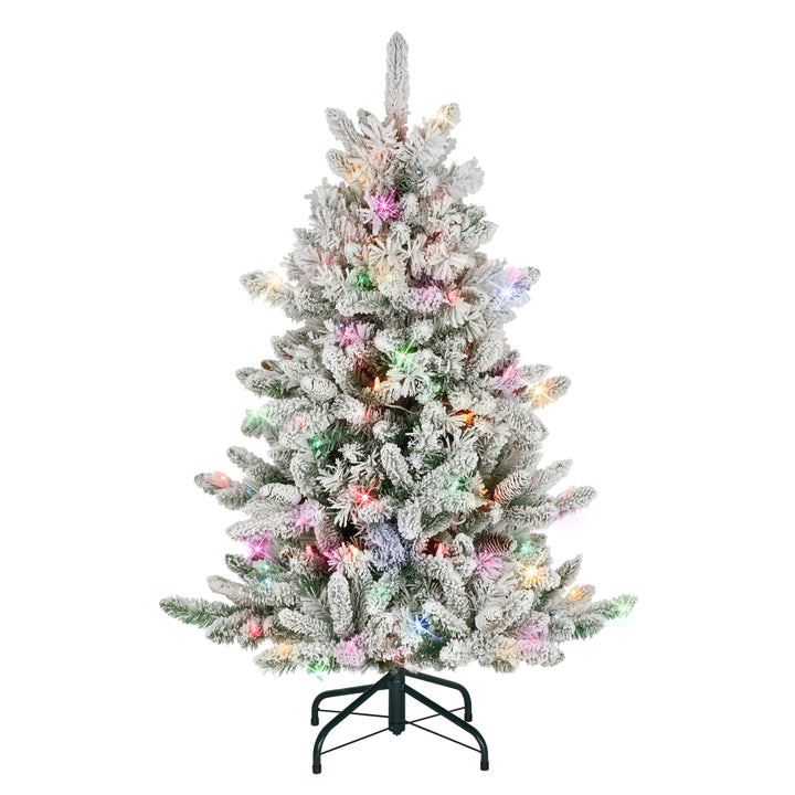 4.5 ft Pre-lit Flocked ‎Bennington Fir Artificial Christmas Tree with 150 UL Multi-color Lights Metal Stand Green BYGA-45M150