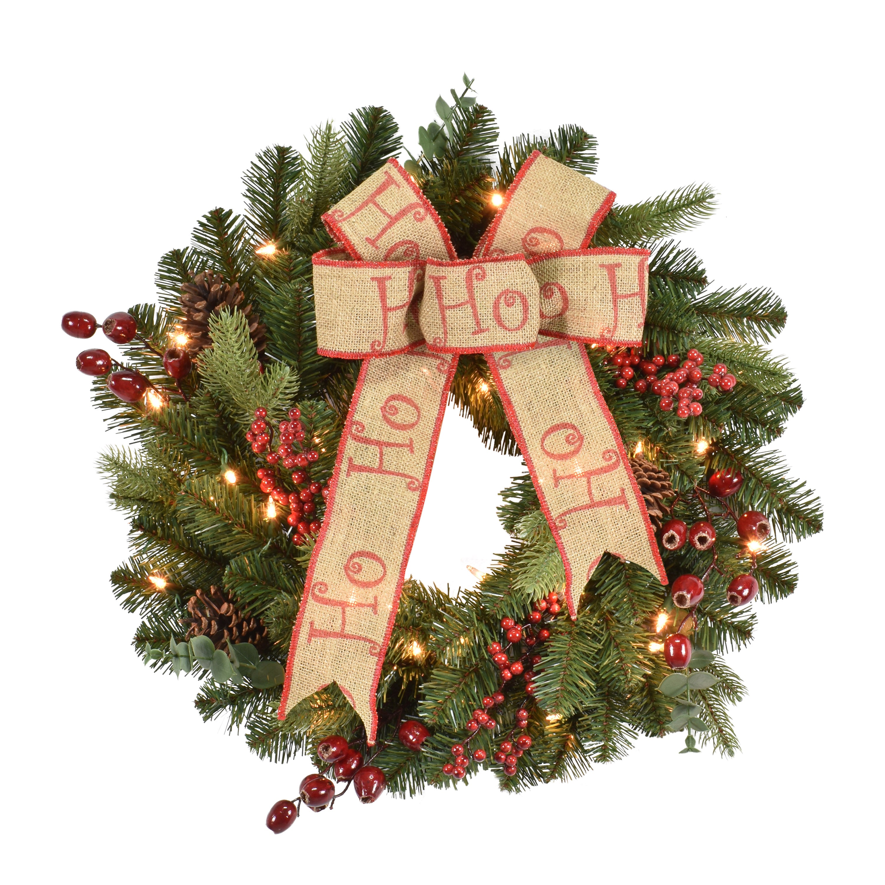 24 in Pre-Lit Decorated Wreath with 35 UL Clear Lights Pinecones Red Berries and a Burlap Bow Indoor/Outdoor Use Green W7112A-24C035