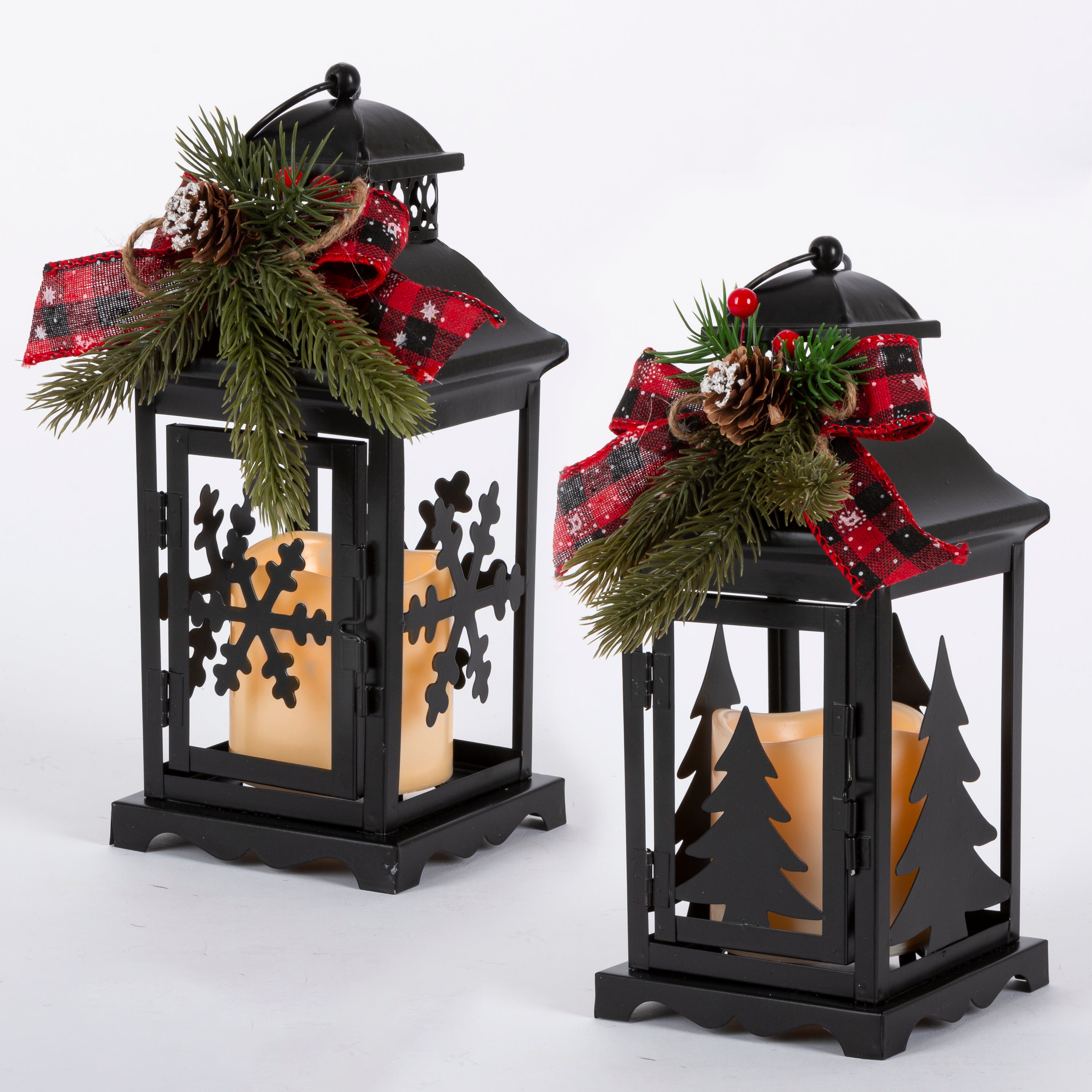 Whimsical 10.5 in  Battery Operated Lighted Metal Lantern with 3x 3 LED Candle and Floral Toppers 2700930EC