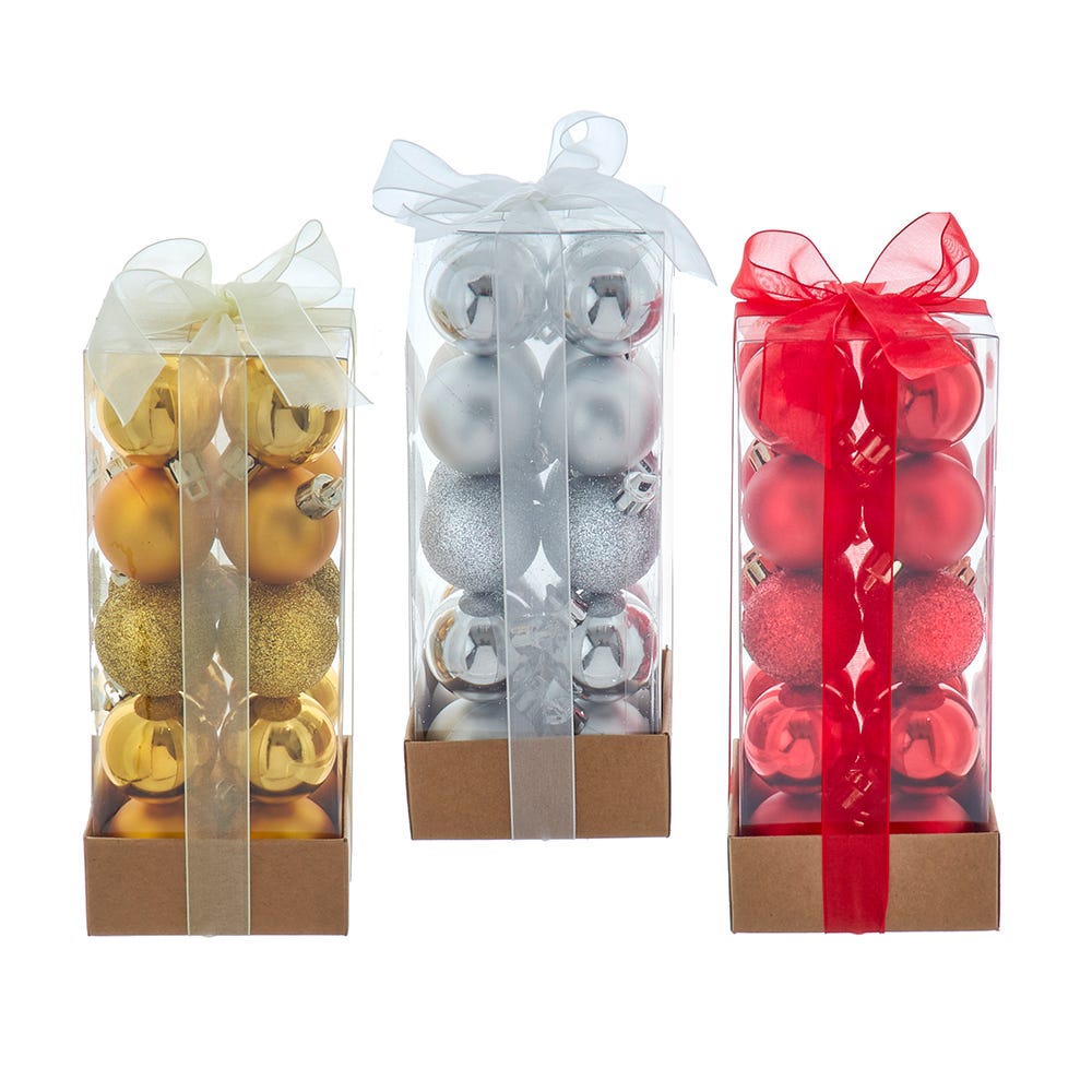 20pk 40mm Shatterproof Red/Silver/Gold Ornament Balls, 3 Assorted PL0892