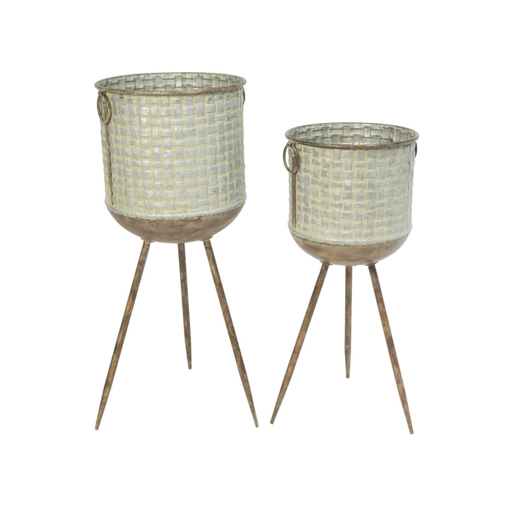 Set of 2 Round Galvanized Planters with Embossed Weave Pattern and Stand 2522380EC