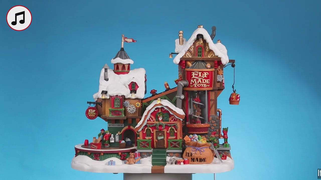 Lemax Elf Made Toy Factory Animated Lighted Sights and Sounds Building #75190