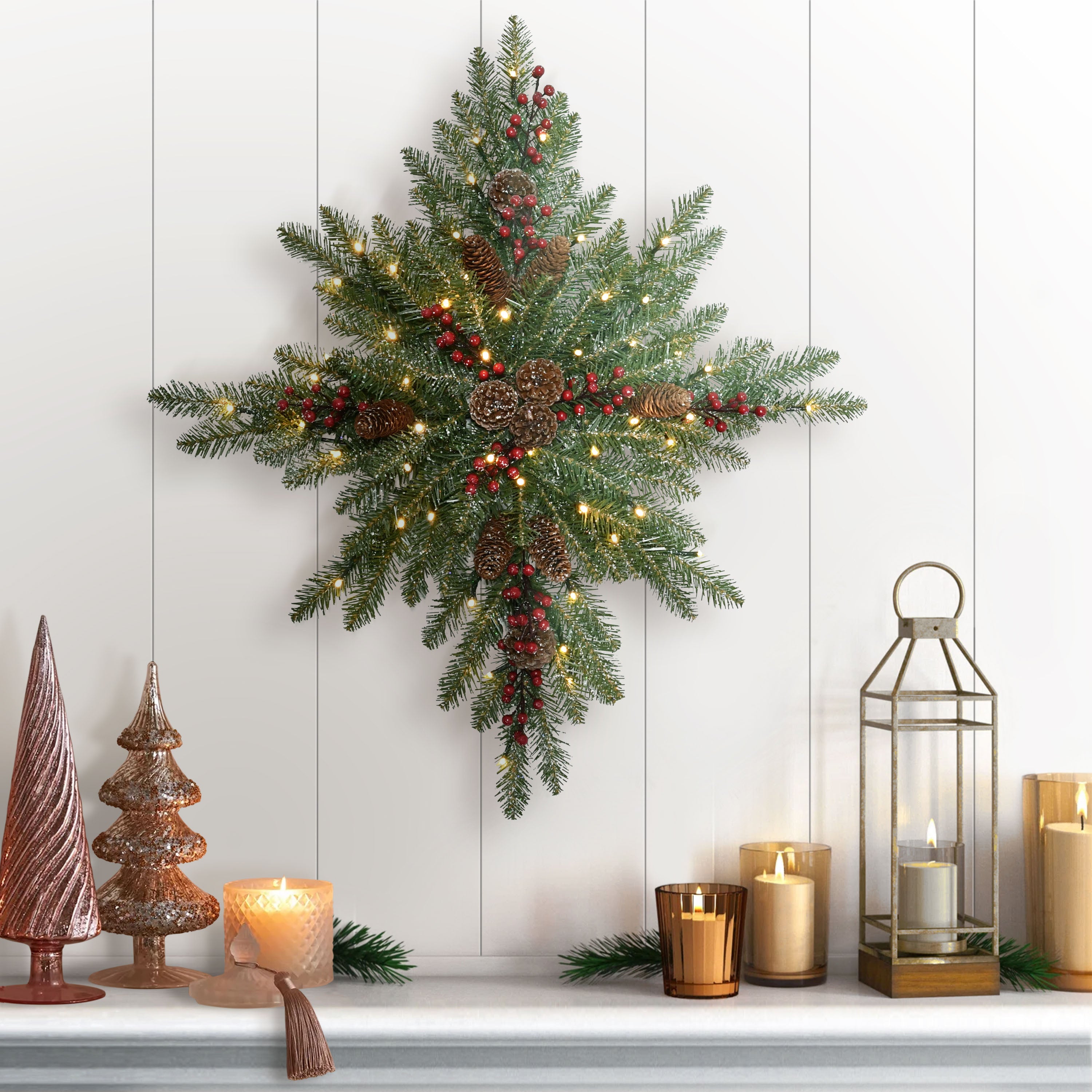 32" Pre-Lit Flocked Snowflake Wreath