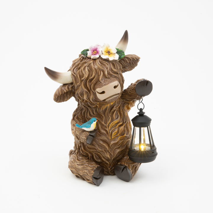 12.4 inch Solar Lighted Resin Highland Cow with Lantern 2767690EC