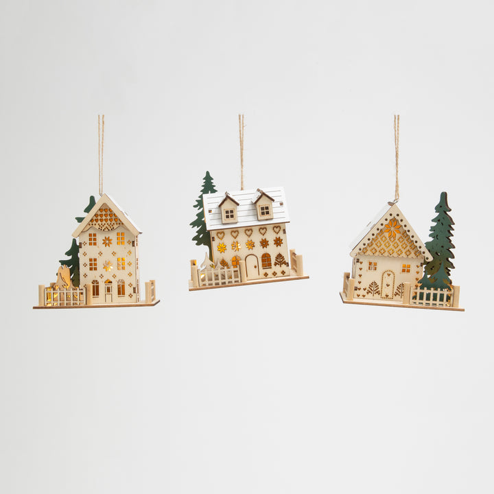 4.25 in Lighted Laser Cut Wood House Ornament Set of 3 #2733380EC