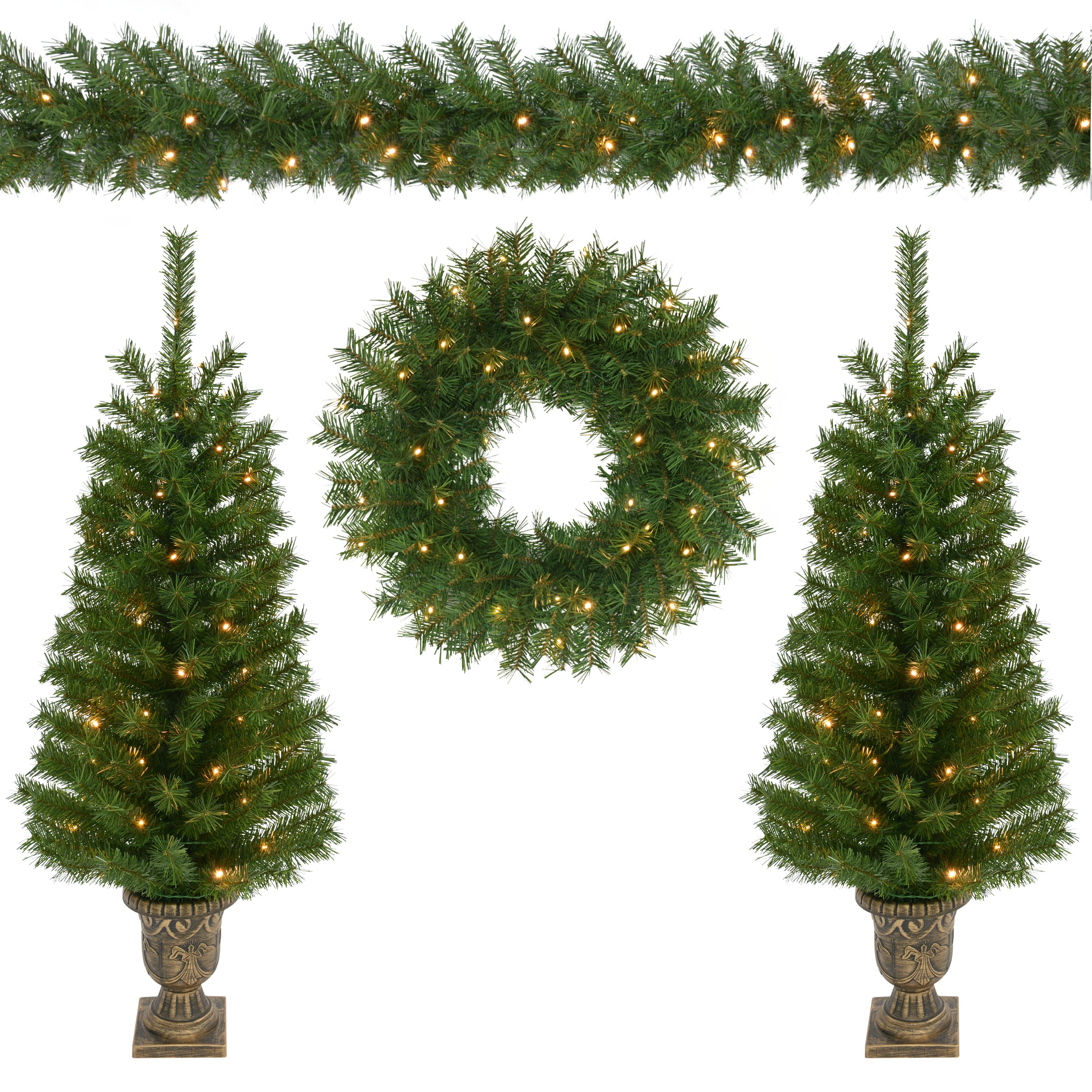 4-Piece Pre-Lit Artificial Christmas Décor Set Featuring 2 Trees, 1 Wreath, and 1 Garland 51049-STWGA-4LW-BO